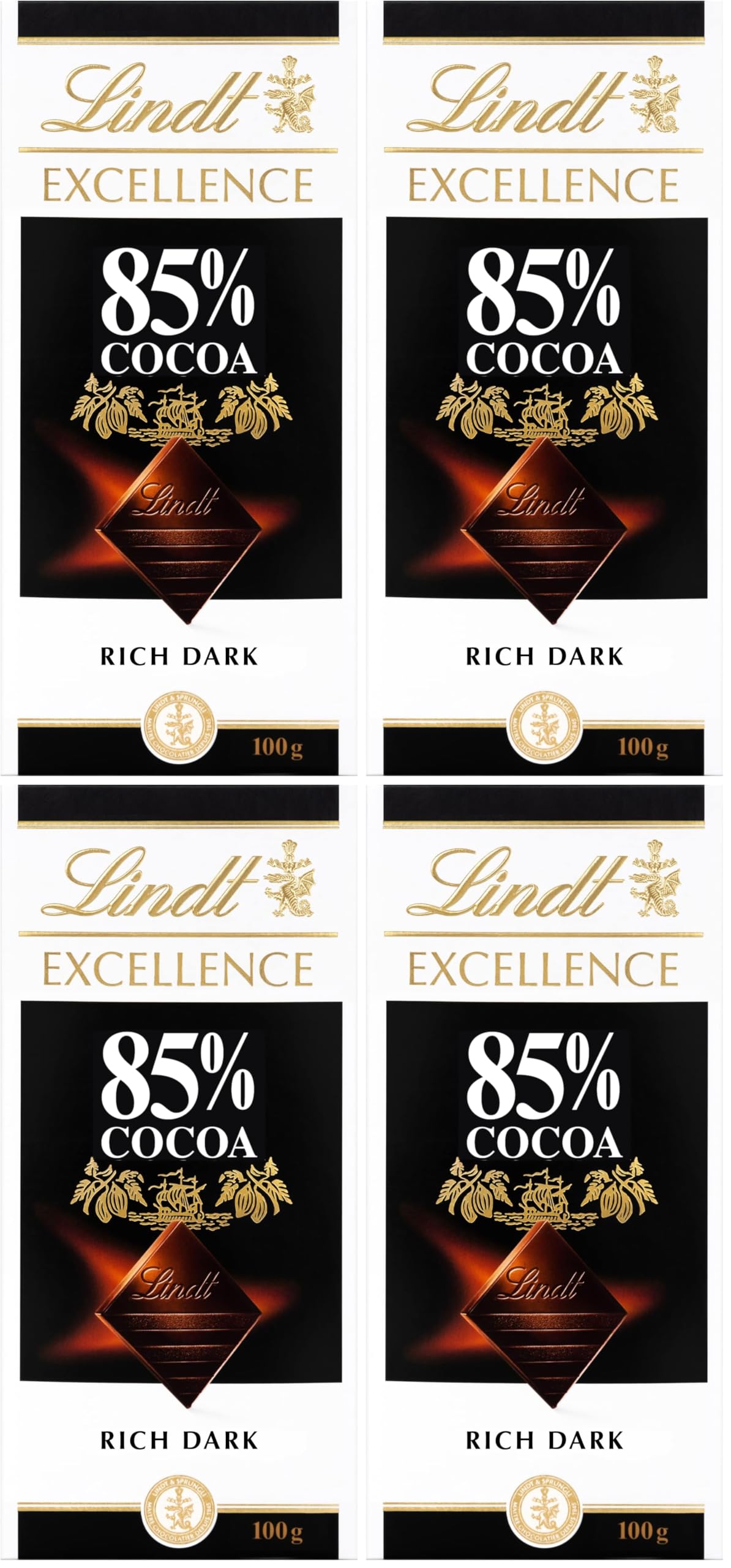 Lindt Excellence Dark 85% Cocoa Chocolate Bar, 100g (Pack of 4