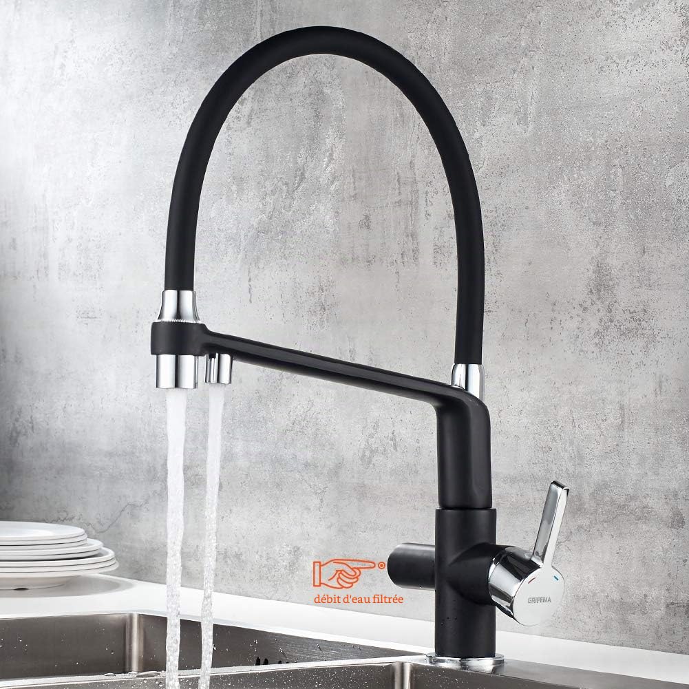 GRIFEMA G4010B-2 Dover, Mitigeur d'évier 3 Voies pour Purificateur D'eau à Filtre, Robinet de Cuisine Noir avec Douchette, 3/8 de pulgada, Exclusivité Amazon