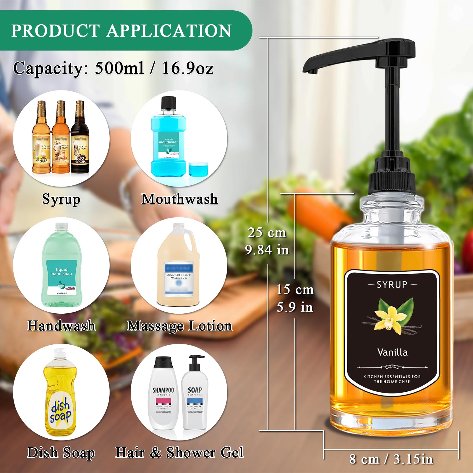 Mamiddle 4 Pack Syrup Dispenser for Coffee Bar 500ml/16.9oz Coffee Syrup Dispenser Glass Syrup Dispenser Pumps with Funnel,Labels (Black Round)