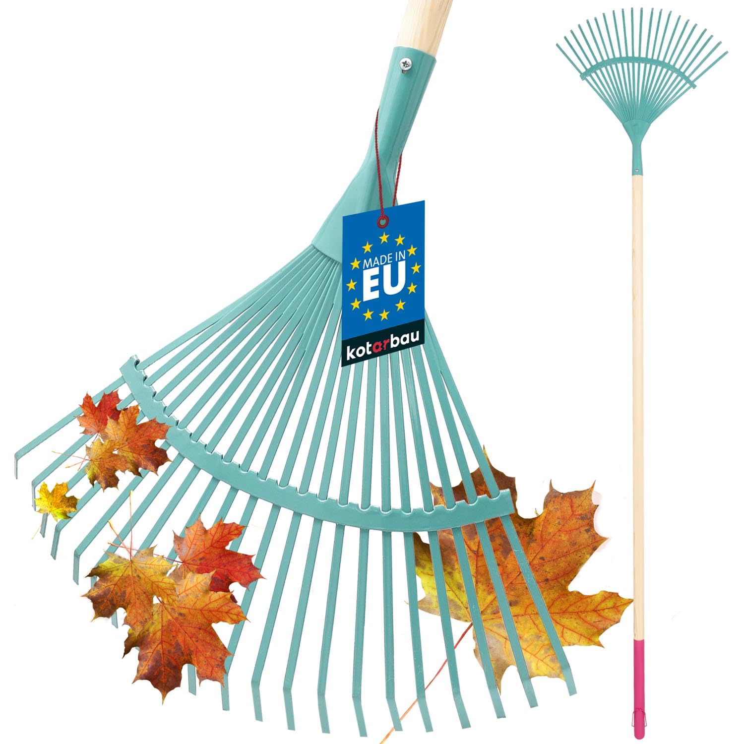 KOTARBAU® Rastrillo Jardín - Acero - 41 cm - Rastrillo Hojas Jardín - con Mango 187 cm - Herramienta Robusta para Jardinería - Turquesa y Madera Natural