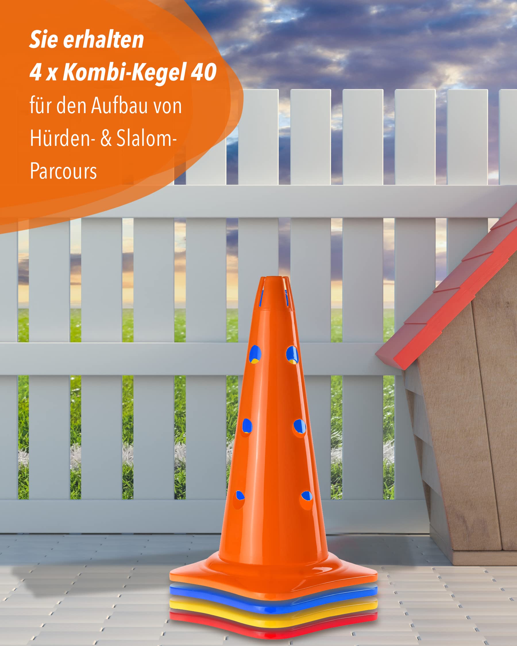 Kombi Kegel 40 – 4er Set – für den Aufbau von Hürden- oder Slalom-Parcours für Agility-Training – Sprung & Slalom für Hund, Sport, Pferd & Kind