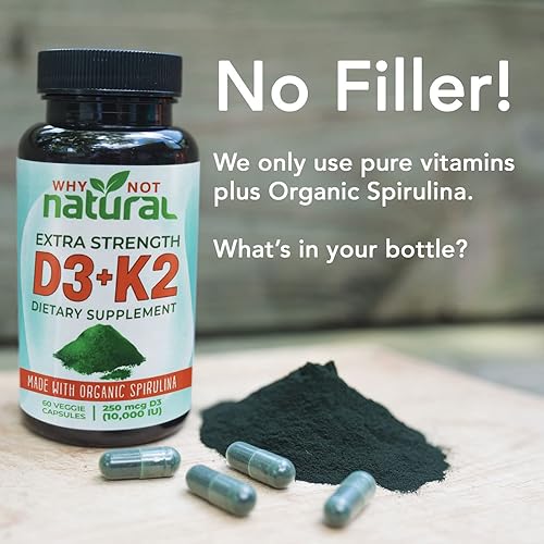 Miniatura 5 de Vitamina D3 K2 MK-7 con espirulina orgánica suplemento extra fuerte de 10000 UI en cápsulas vegetales apoya la salud ósea el sistema inmunológico y