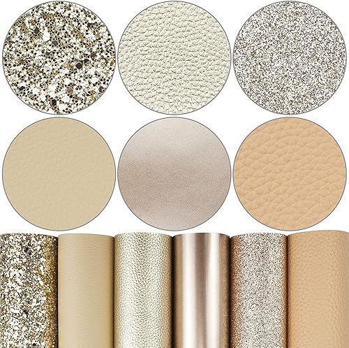 6 piezas 8x12 pulgadas 21cmx30cm Hojas de cuero de imitación mezclado serie de oro purpurina fina y gruesa textura metálica de Litchi tela de cuero
