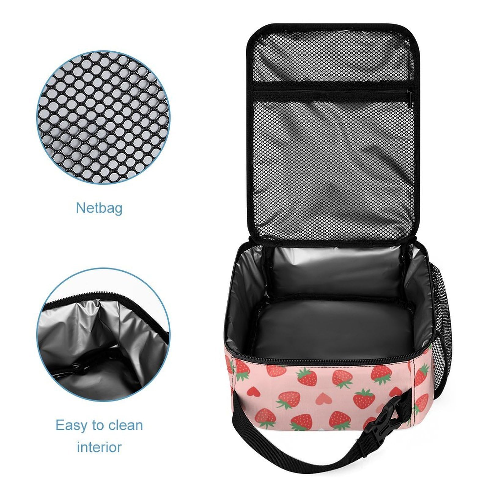 Sac à dos avec boîte à lunch, sac de rangement, ensemble cartable fraise et cosmétiques