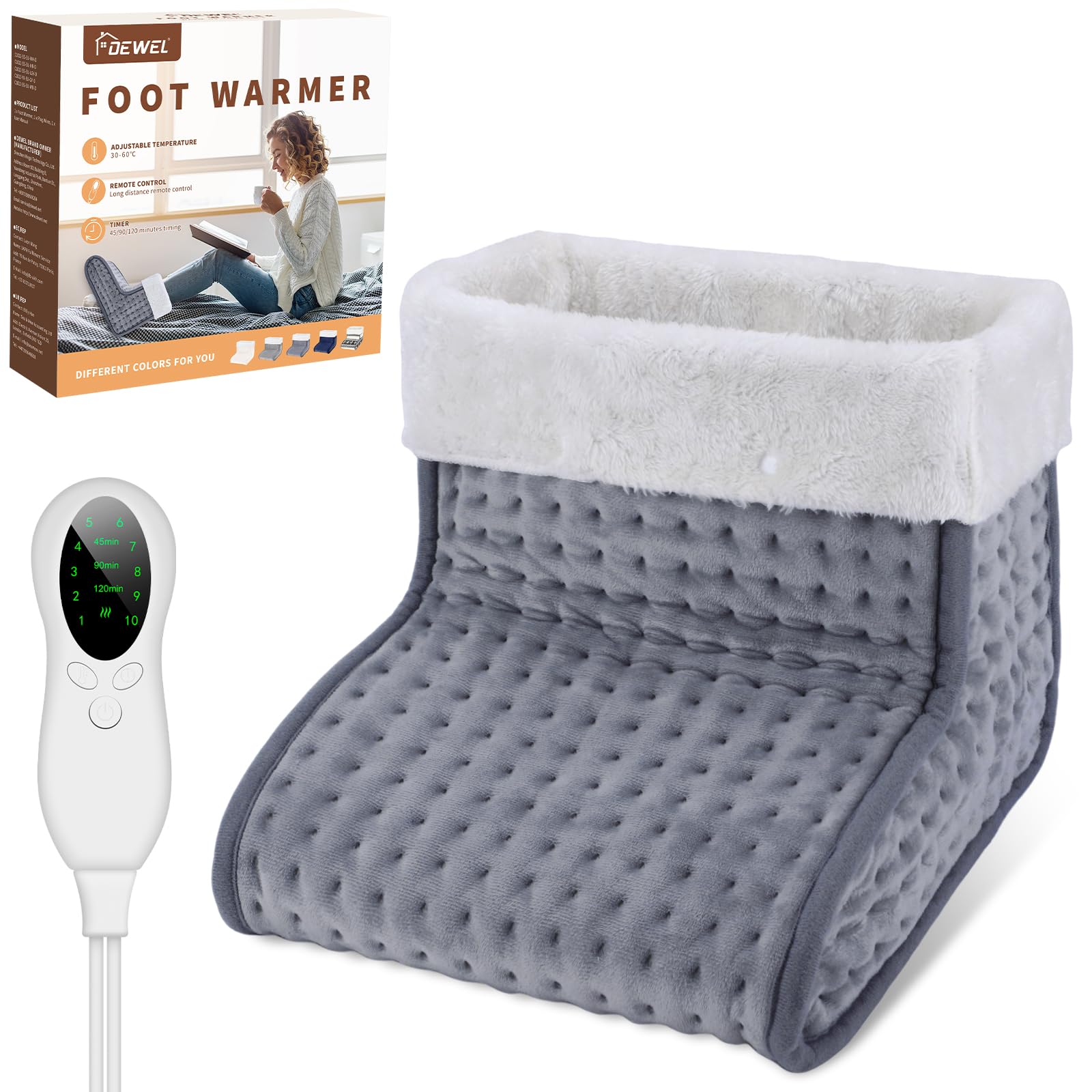 DEWEL Chauffe-pieds électrique 90 W 10 Niveaux de Température 30-60 ℃ Minuterie 45/90/120 min Doublure Amovible et Lavable Jusqu'à la Taille 44