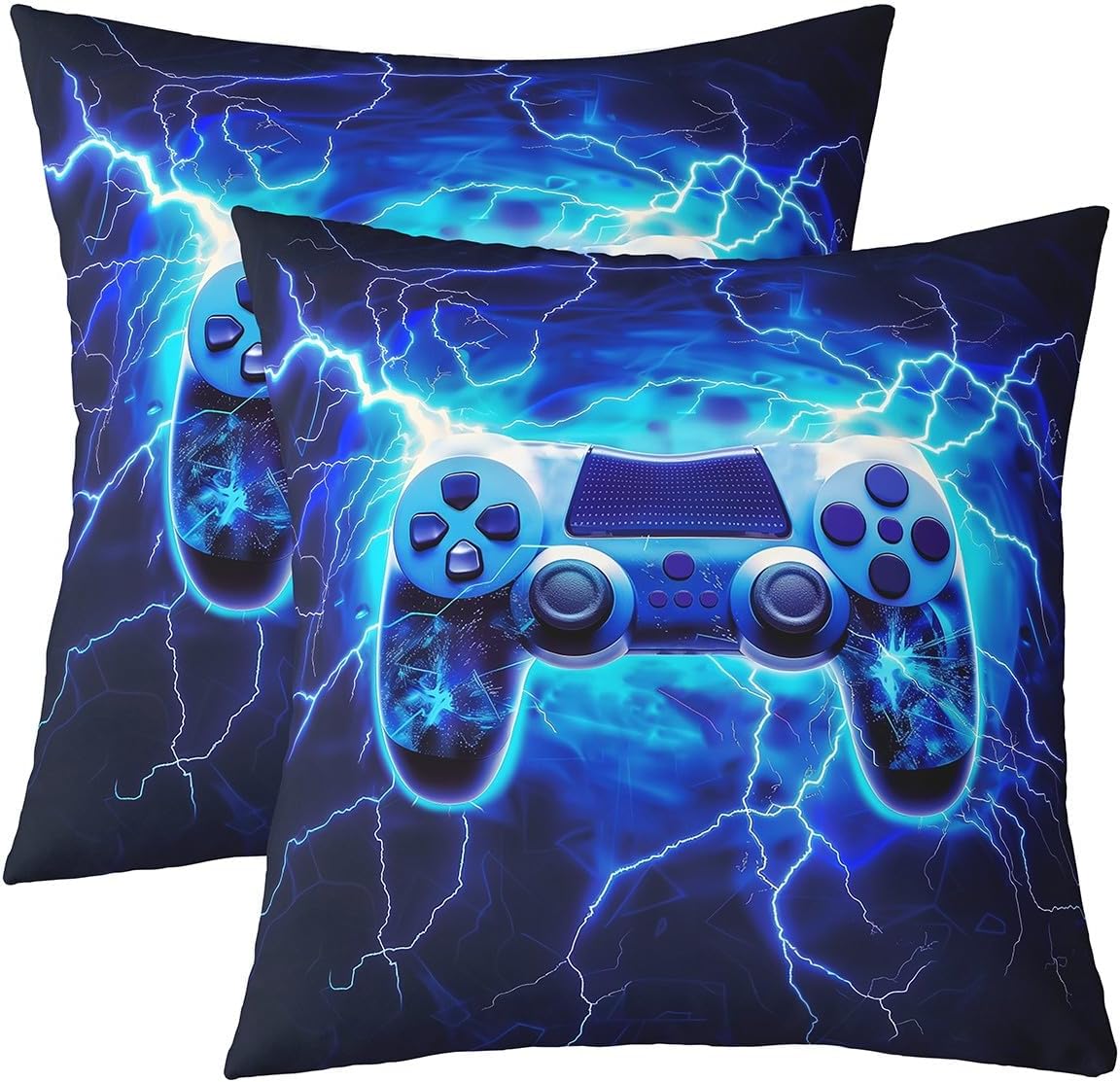 Manfei Game Kids Throw Pillow Cover,Vedio Gaming Lightnings Gamepad Double Sides Pillow Case,Console Action Buttons Modern Home Decor,Blue Bed Couch Sofa Cushion Cover,4 Pack 16"x16" image 3