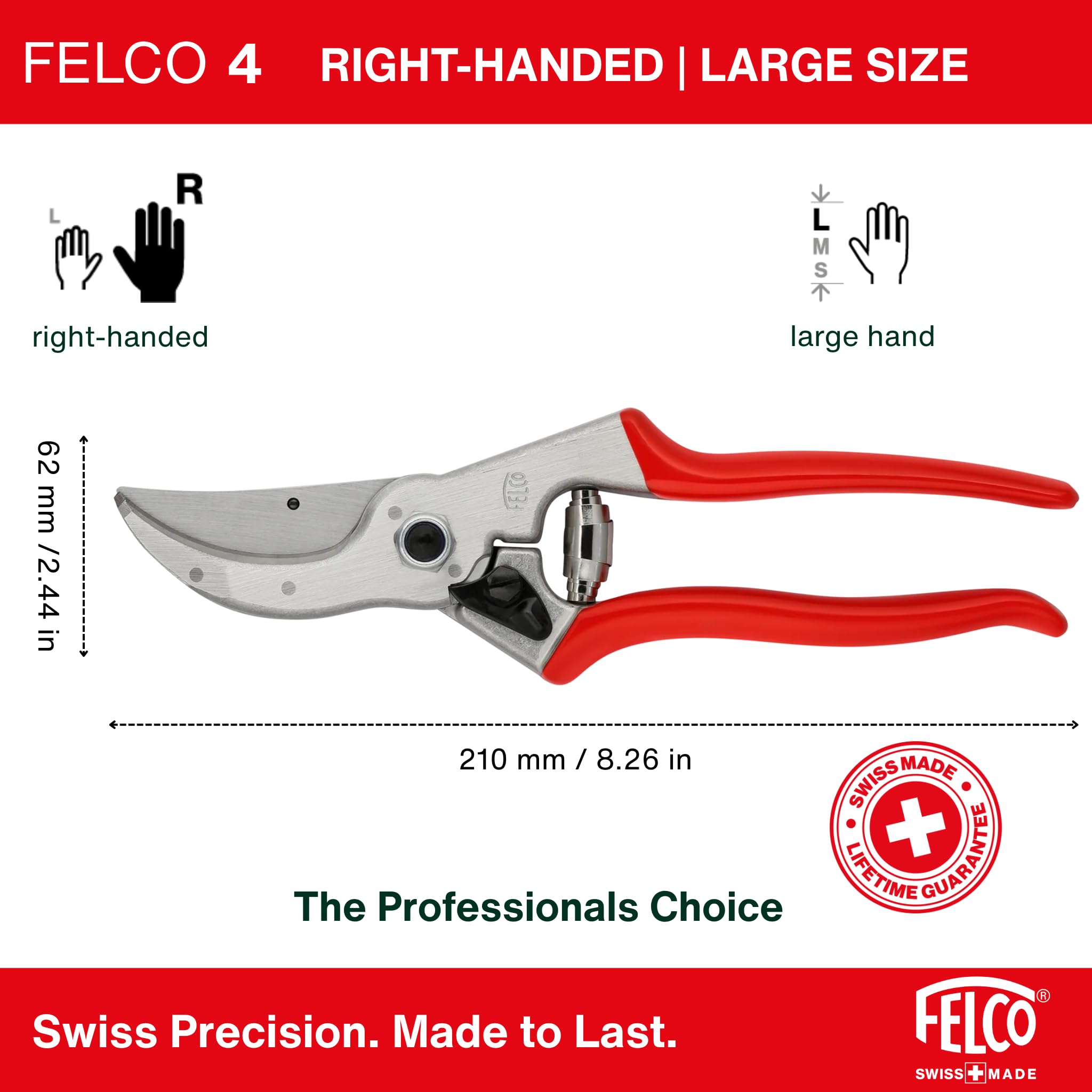 FELCO 4 sekator bypass solidny dla praworęcznych, ostrze ze stali hartowanej 45 mm, rękojeści z kutego aluminium, mocne cięcie do 25 mm, narzędzie szwajcarskie profesjonalne