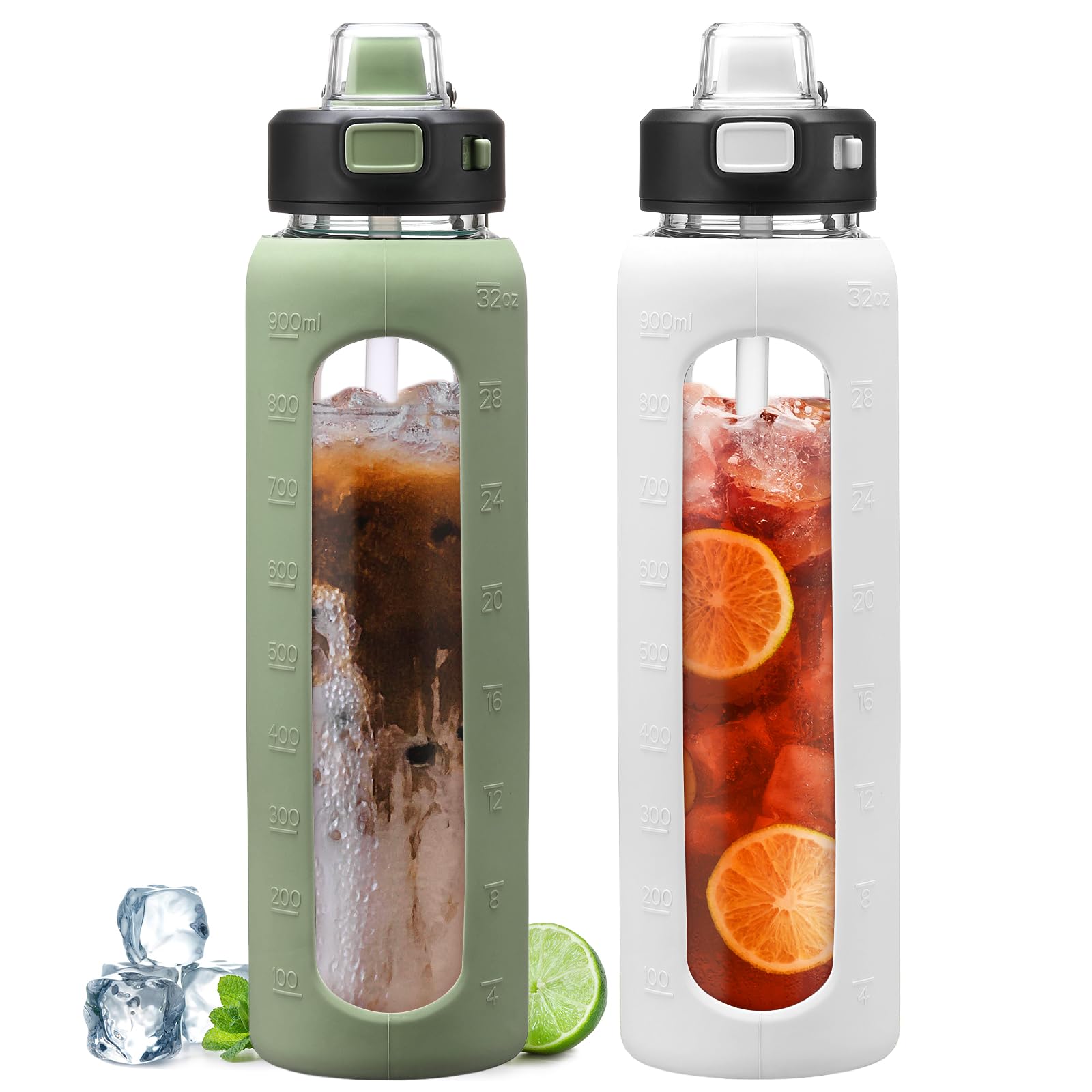 KodrineWater Bottle with Soft Straw and Carry Loop, 32 oz Glass Water Bottle, Bottle with Locking Lid Leakproof, Motivational Glass Drinking Bottles for Gym Travel Home, Olive&White