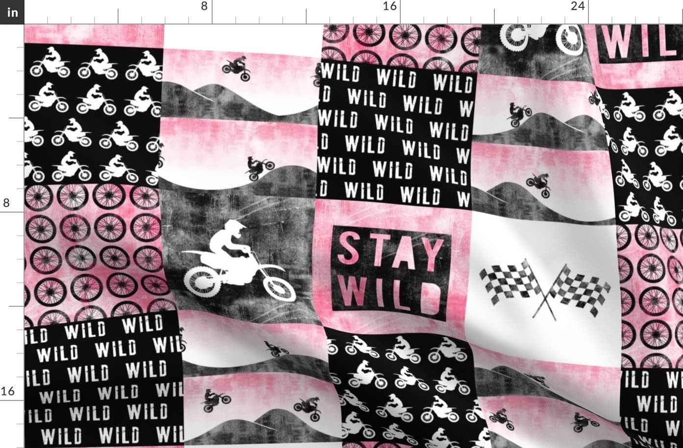 Spoonflower Fabric - Motocross Patchwork Wild Pink Dirt Bike Little Arrow Nursery Cheater Printed on Organic Cotton Sateen Fabric by The Yard - Sewing Quilting Apparel Home Decor