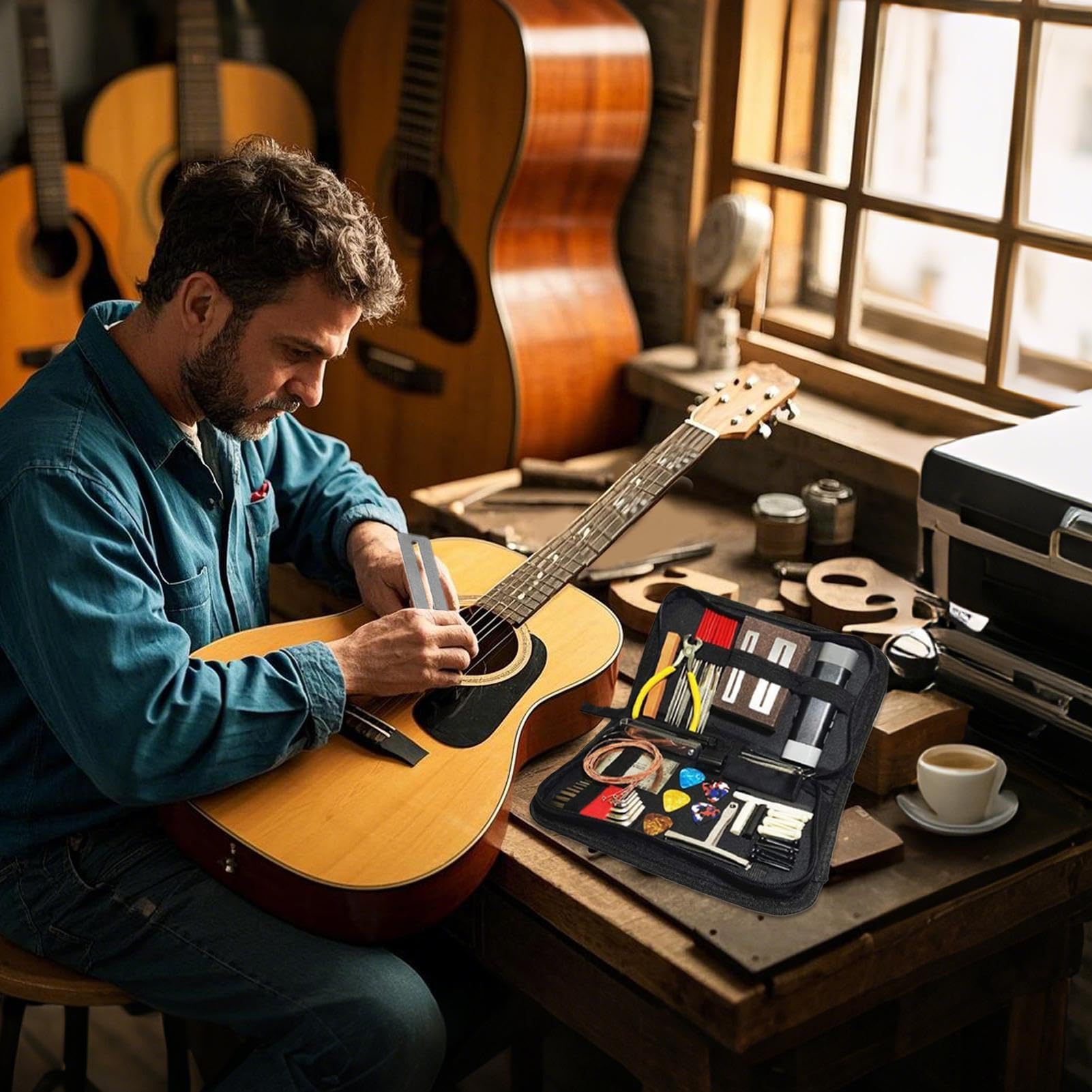 Kit di attrezzi per chitarra elettrica Set Cura Grandi Strumenti Corda, | Avanzato Estrattore Pioli Ponte, Proteggi Tasti Per Chitarre Acustiche Elettriche, Ukulele,