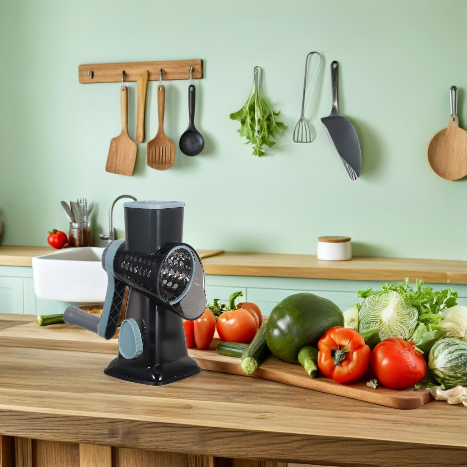 Rallador de Manivela Multifuncional de Acero Inoxidable con Cuchillas Intercambiables para Queso y Zanahoria, Adecuado para Uso Diario en Cocina Familiar