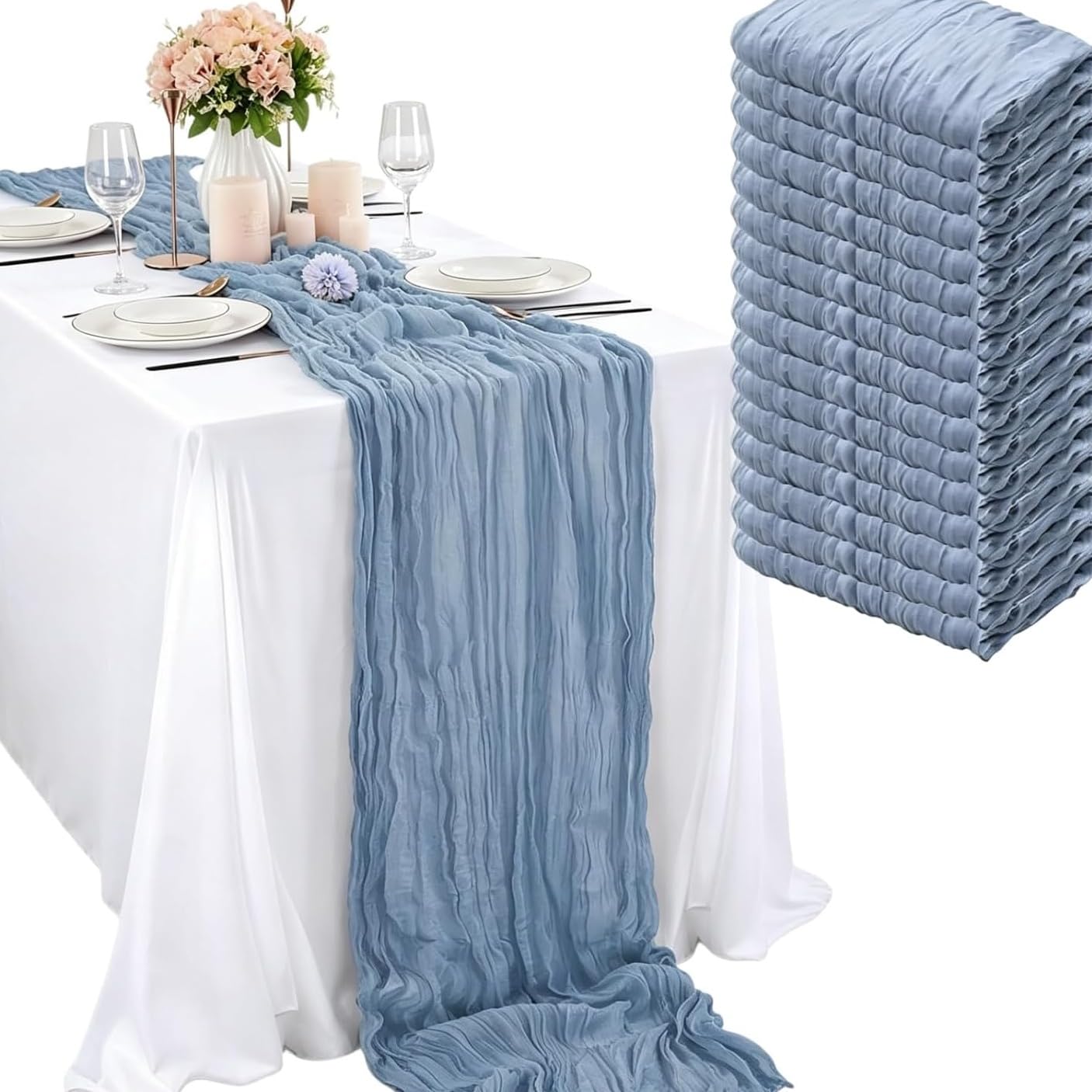 Photo 1 of 16 Pack Dusty Blue Cheesecloth Table Runner 10Ft Boho Gauze Table Runners 35x120 Inch Blue Cheese Cloth Table Runners Long Sheer Table Runners for Wedding Bridal Shower Birthday Party Table Decor