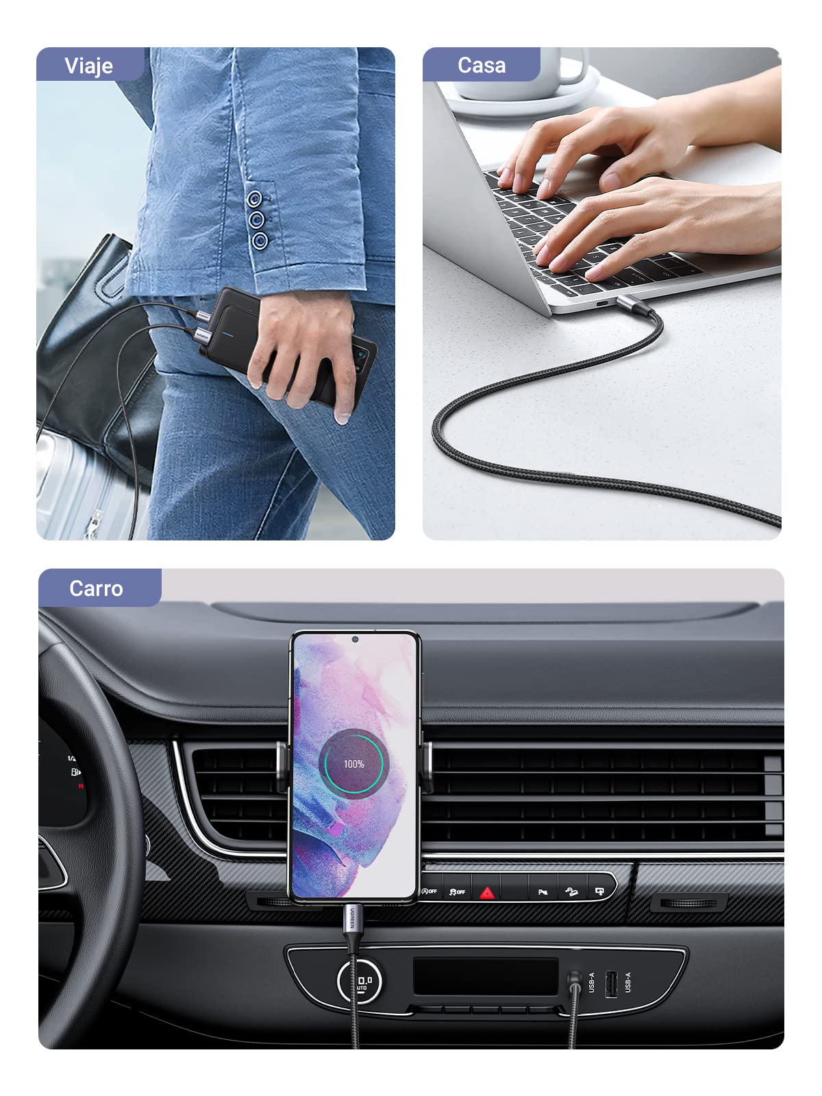 UGREEN Cable USB C Carga Rápida 3A QC3.0 480Mbps Cable Cargador USB Tipo C Trenzado Nylon Compatible con iPhone 17 16 15 Pro Max Plus Galaxy S25 S24 A56 A16 Xiaomi Note 15 14 Pixel 10 9 iPad (0.5M)