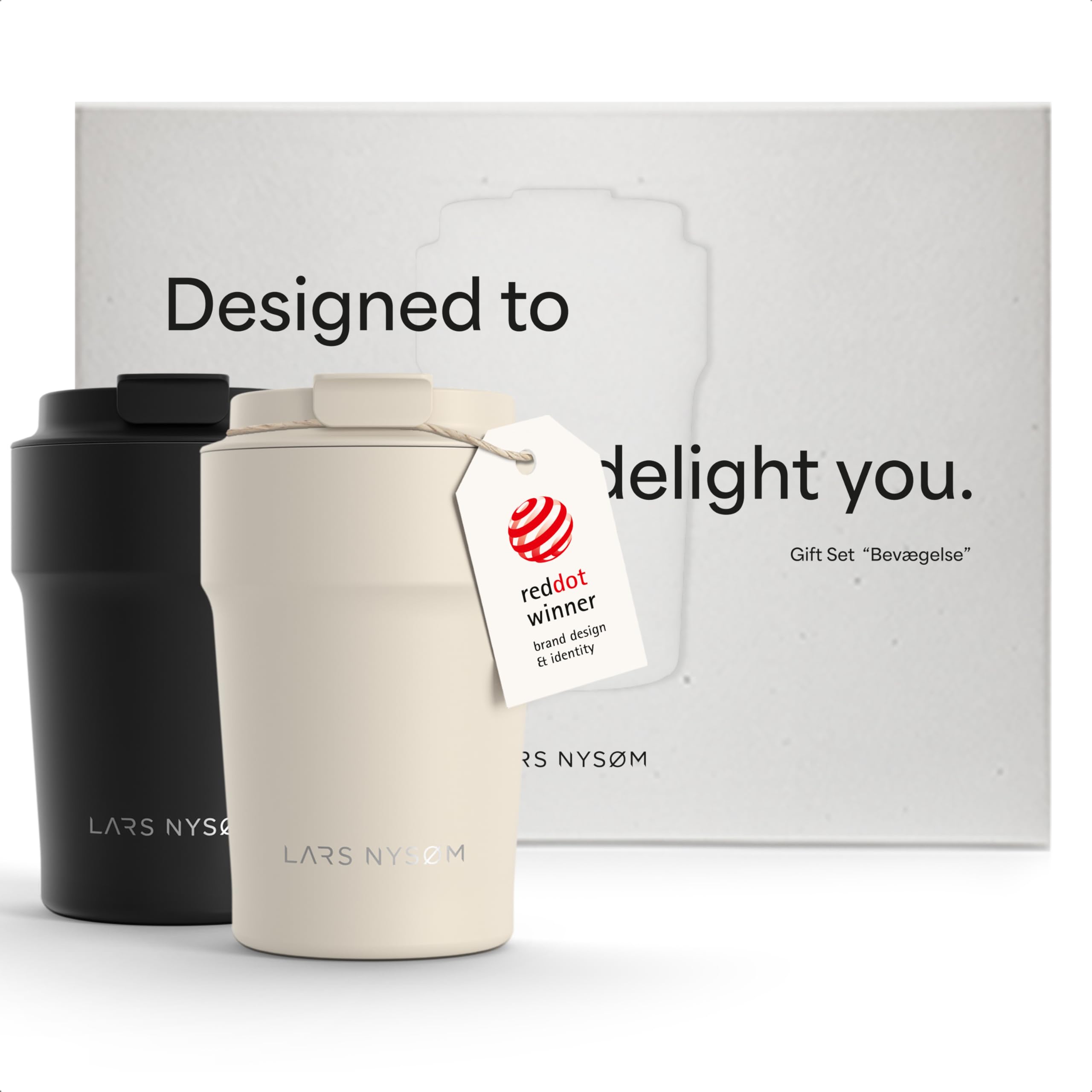 LARS NYSØM Thermo Coffee Mug to go Gift Set - 2 x 380ml Thermo Mugs for Coffee to-go & Tea - The Leak-Proof Mug Gift Set Comes in an Attractive Box (Black/Beige, 380ml)