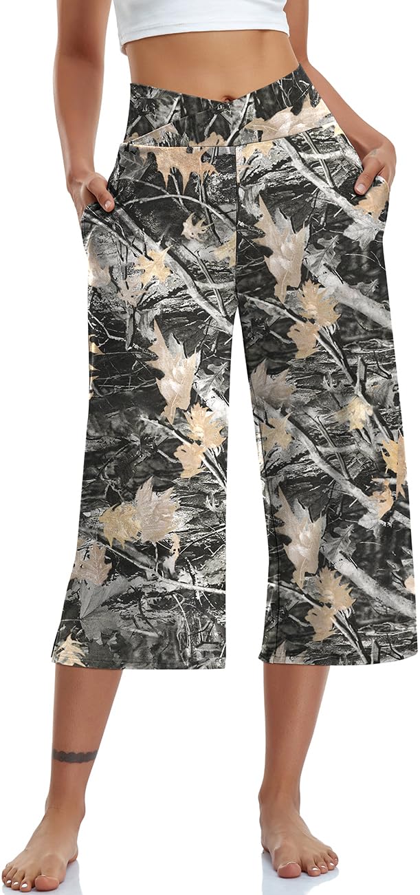TARSE Womens Casual Wide Leg Yoga Capris Crossover High Waist Capri Pants Loose Soft Pajama Pockets Sweatpants