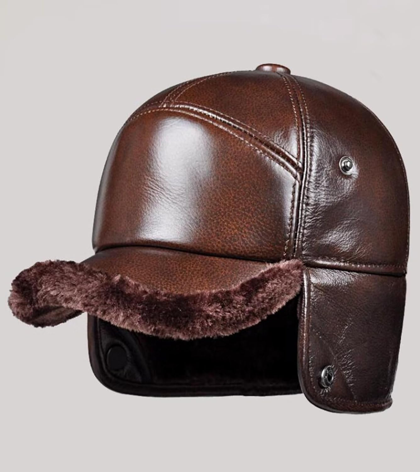Winter Ear Flap Leather Baseball Cap,Trapper Bomber Hat,Warm Skating Skiing Outdoor Aviator Cap (A-XL