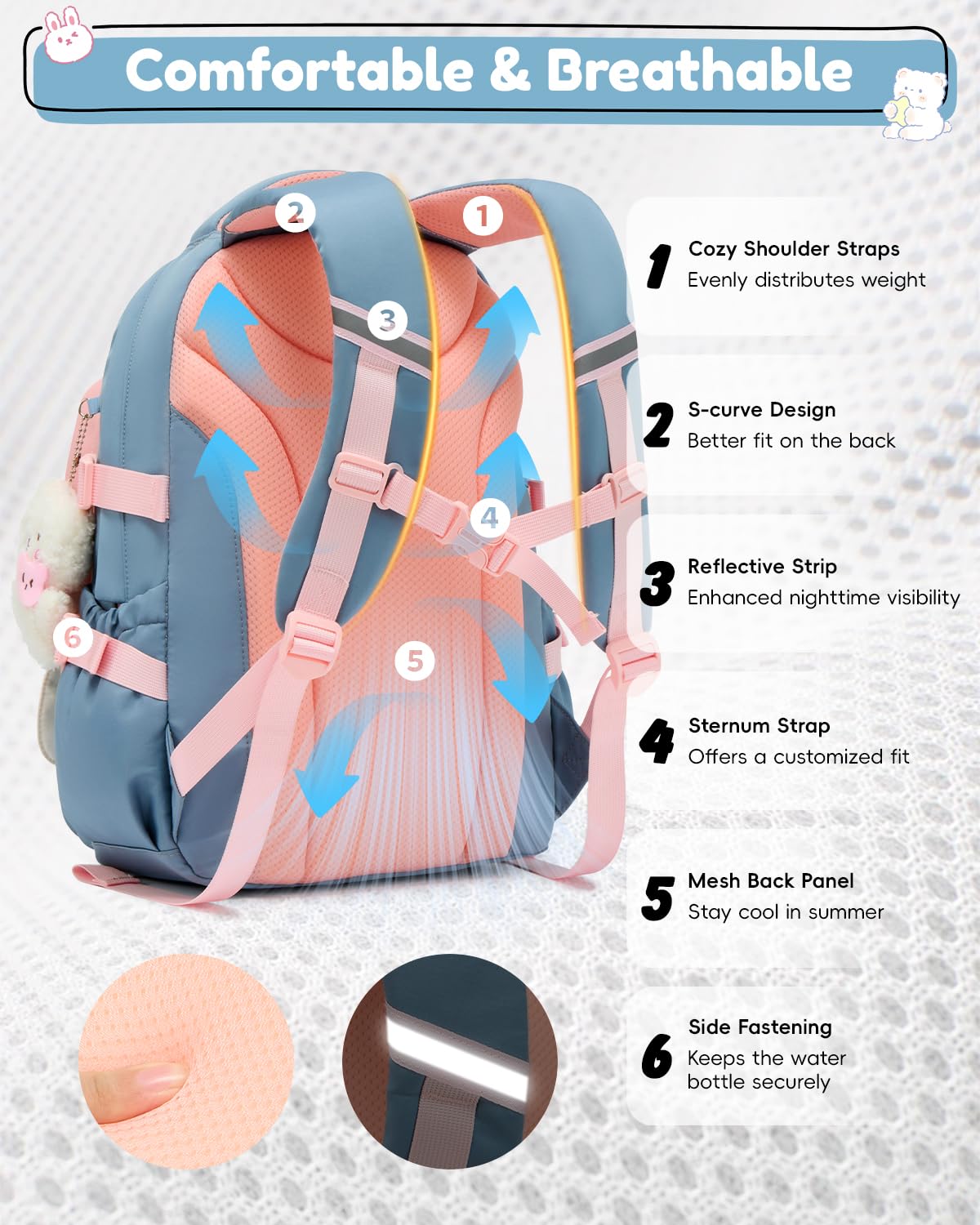 Tanou Cartable Fille Primaire, 20L Sac a Dos Fille Kawaii avec Pendentif | Sacs Scolaires Léger et Imperméable en Nylon pour Enfants de 8 à 14 ans, Bleu