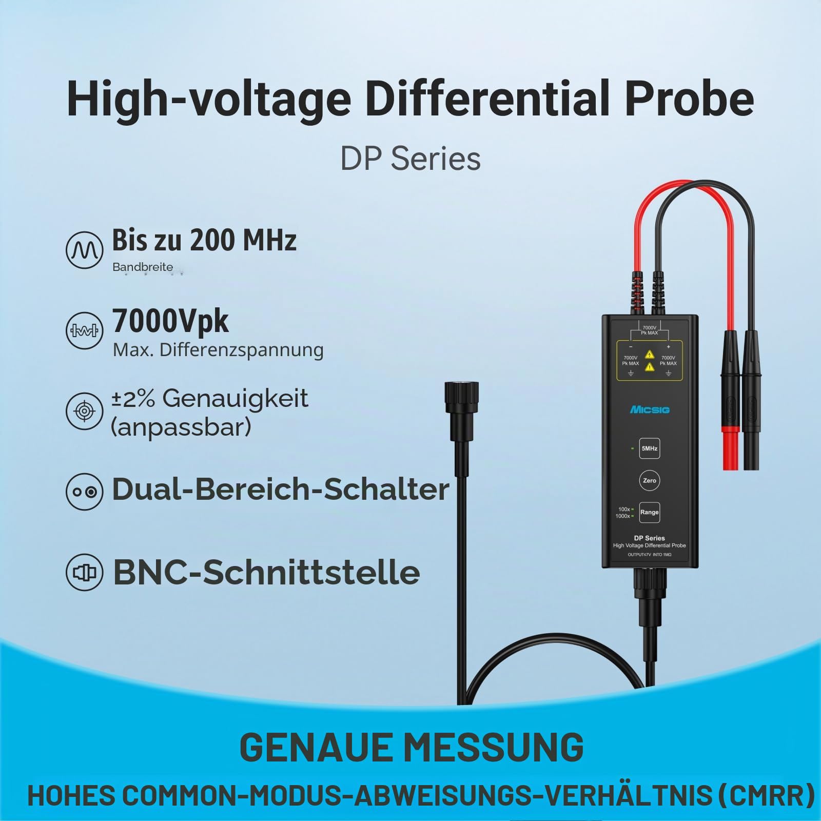 Micsig DP1500 Hochspannungs-Differenzsensoren-Sonden-Set, 3,5 ns, Dämpfungsrate 50X/500X, Oszilloskop-Sonden-Kit Zubehör, 1500 V 100 MHz, DP10013