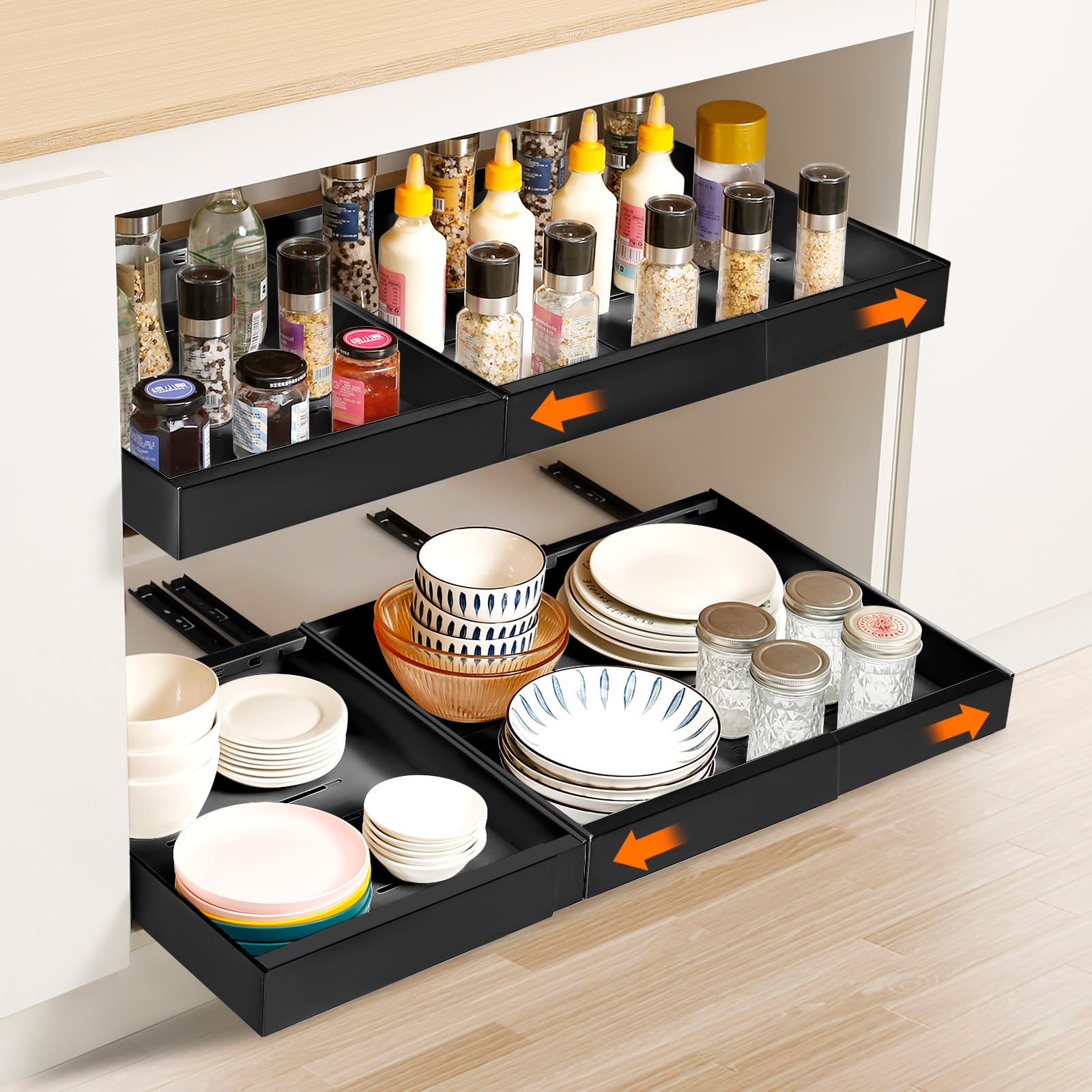 2 PACK Pull Out Cabinet Organiser, Extendable Large Slide Out Kitchen Storage Drawer Shelf, Drawers Cabinet Basket with Handle for Kitchen Bathroom, No Need Drill and Nailing(Range 32-48cm)