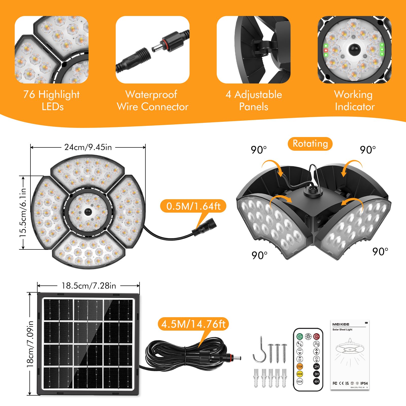 MEIKEE Luz Solar Colgante Exterior, 76 LEDs Lámpara Solar con Sensor de Movimiento, con Control Remote RF, IP65, Luz Regulable 2500-6500K, 6 Brillo, Temporizador, Función de Memoria, Cable 5 m