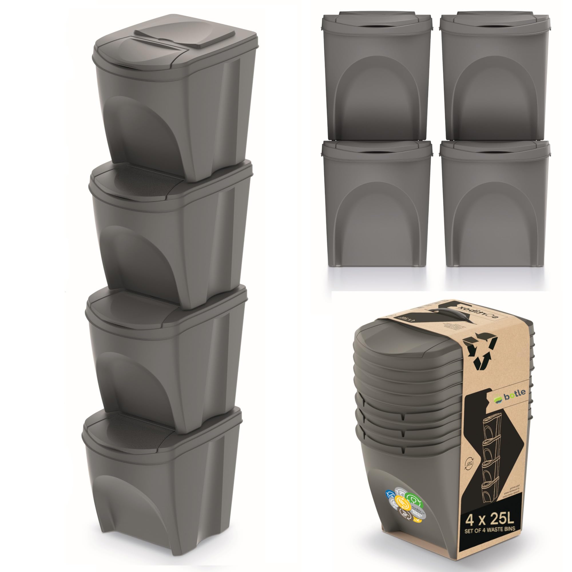 botle Juego de 4 cubos de basura con sistema de separación de basura, juego de 4 cubos de basura de 25 l en color gris piedra para apilar, compacto, modular y ligero, fácil clasificación de los