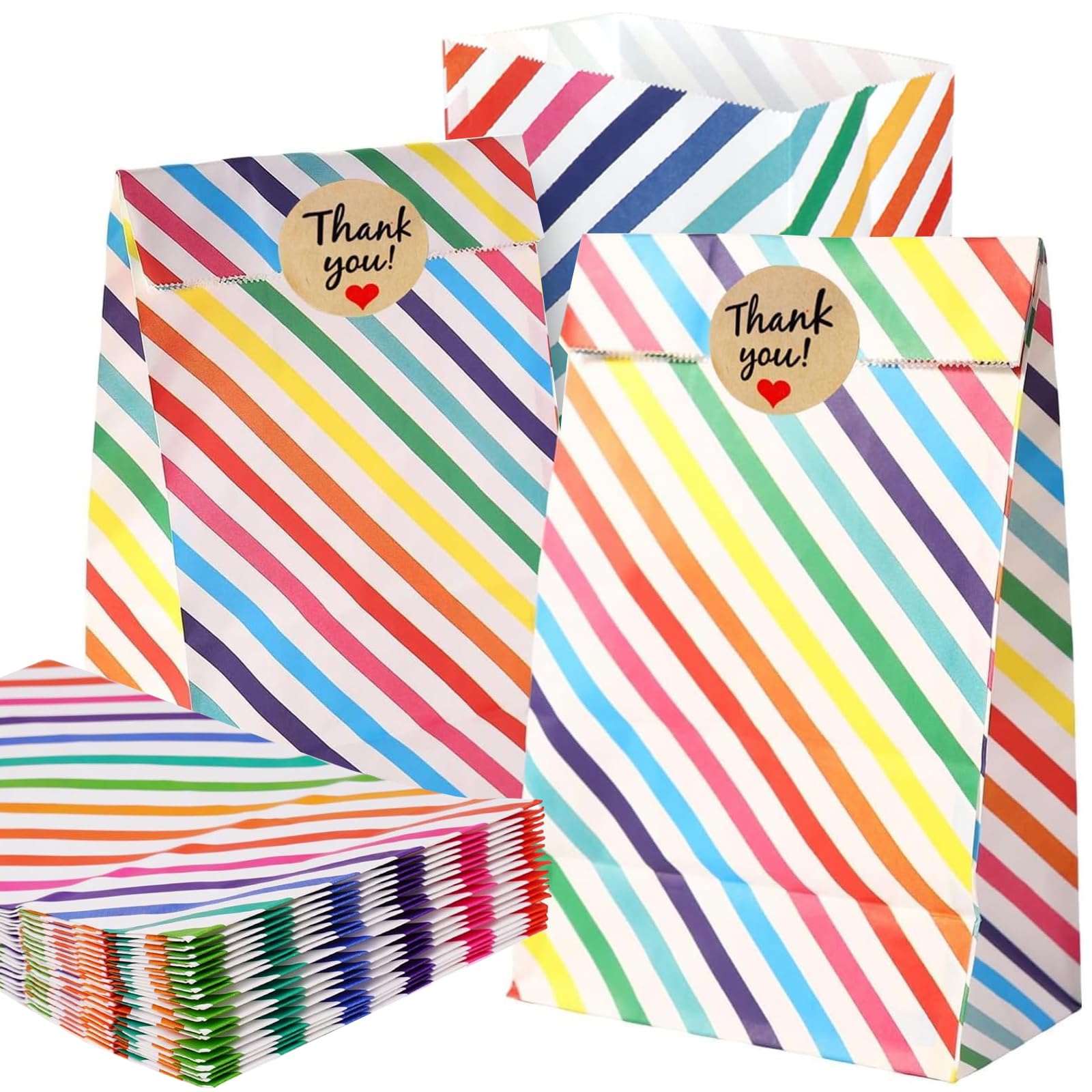 40 Pcs Party Bags, Gift Bags for Kids Party, Rainbow Stripe Kids Paper Party Bags with 48 (thank you) Stickers 9X5.5X18cm