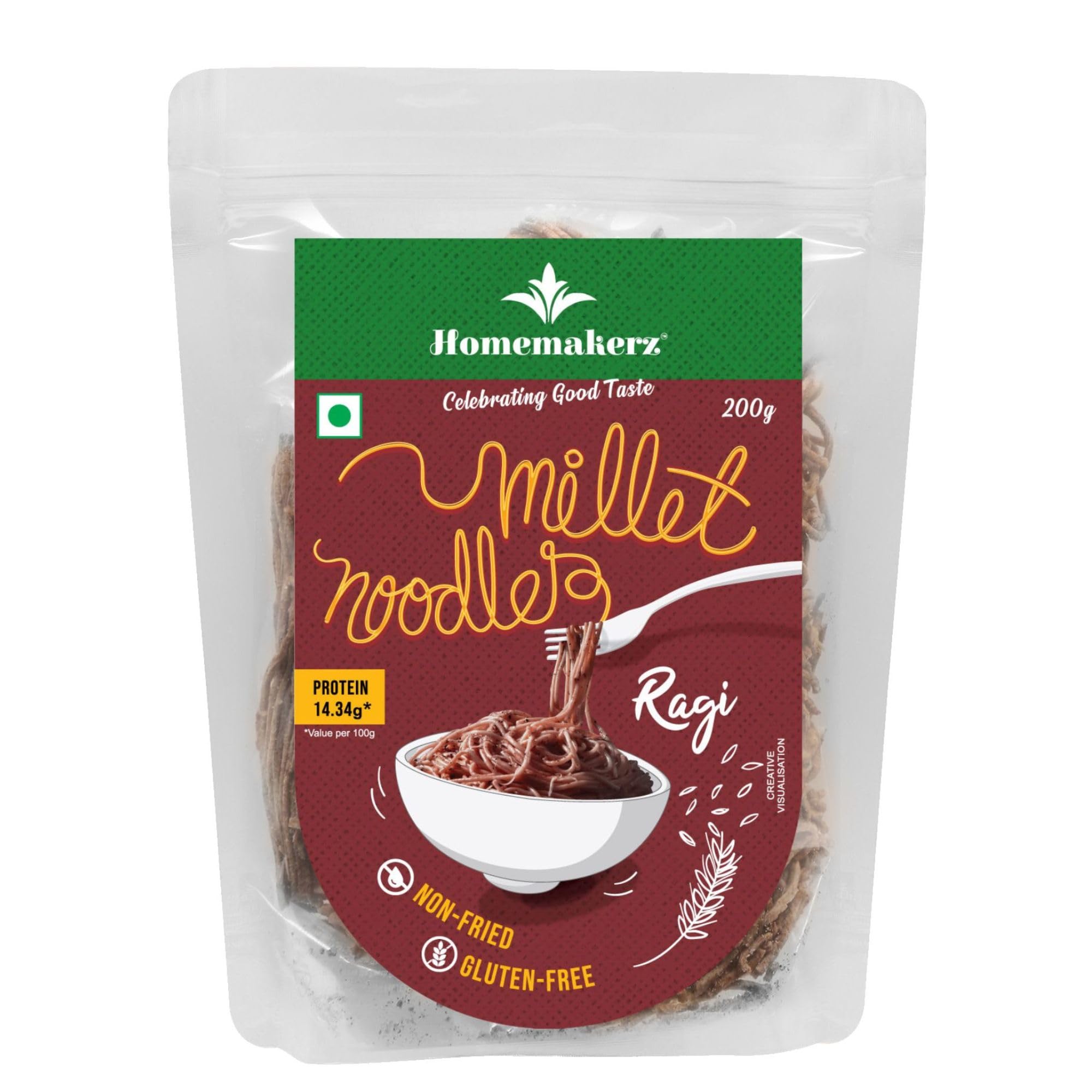 Homemakerz Ragi Millet Noodles, Natural, Preservative, Gluten & Fat Free, Not Fried & No Oil, Zero Maida & Wheat, Healthy & Tasty Hakka Millet Noodles, 200Gram