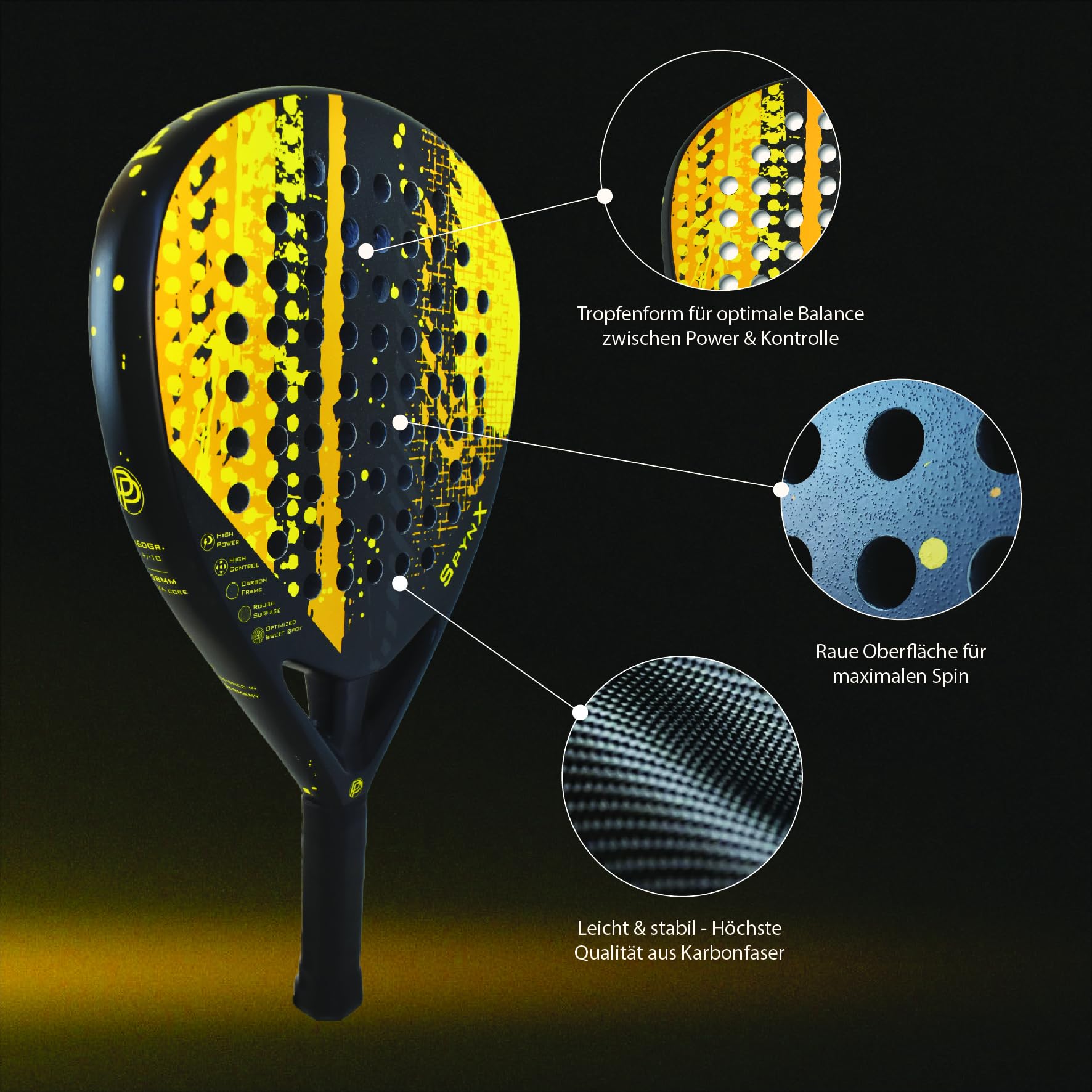SpynX - Padel Schläger 100% Kohlefaser, Spezial-Oberfläche für verbesserten Spin, Paddle Tennis für Männer & Frauen - 360g Leicht & langlebig - Kostenlose Schlägerhülle inklusive