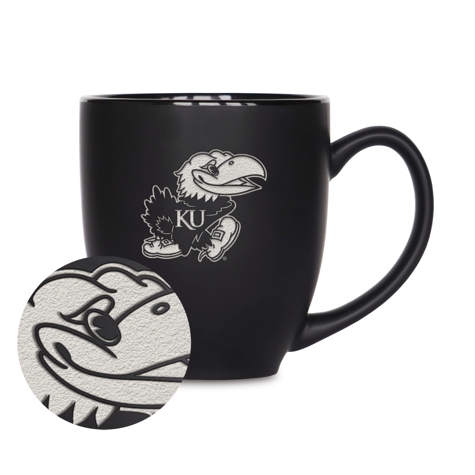 Rico Industries NCAA Kansas Jayhawks Main - Taza bistró negra mate de 16 onzas, para bebidas calientes o frías, logotipo del equipo grabado para una sensación única