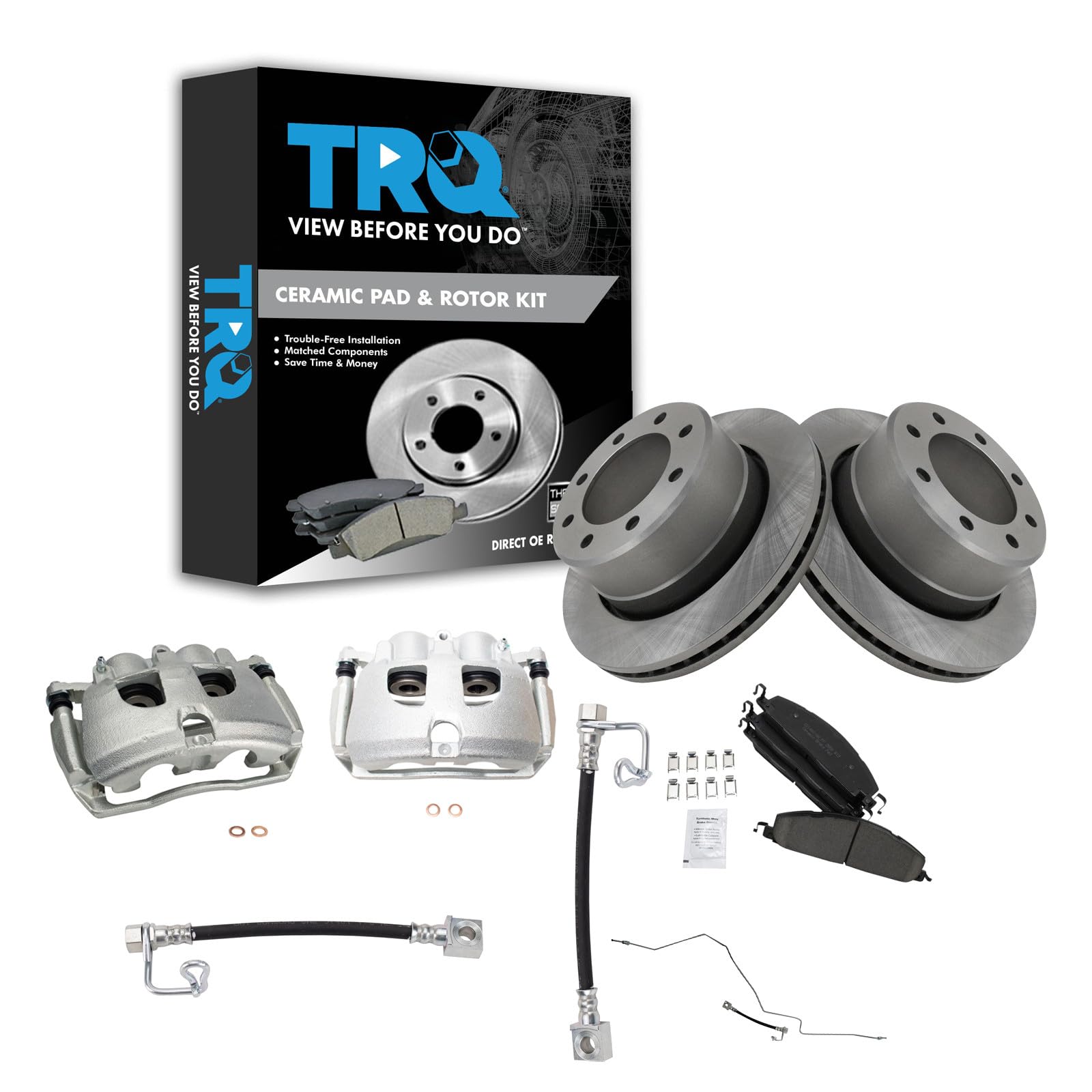 TRQ Rear Brake Pad, Caliper, Hose, &amp; Rotor Kit Ceramic Compatible with 2009-2010 Dodge Ram 2500, 3500 2011-2013 Ram 2500 2011-2012 3500