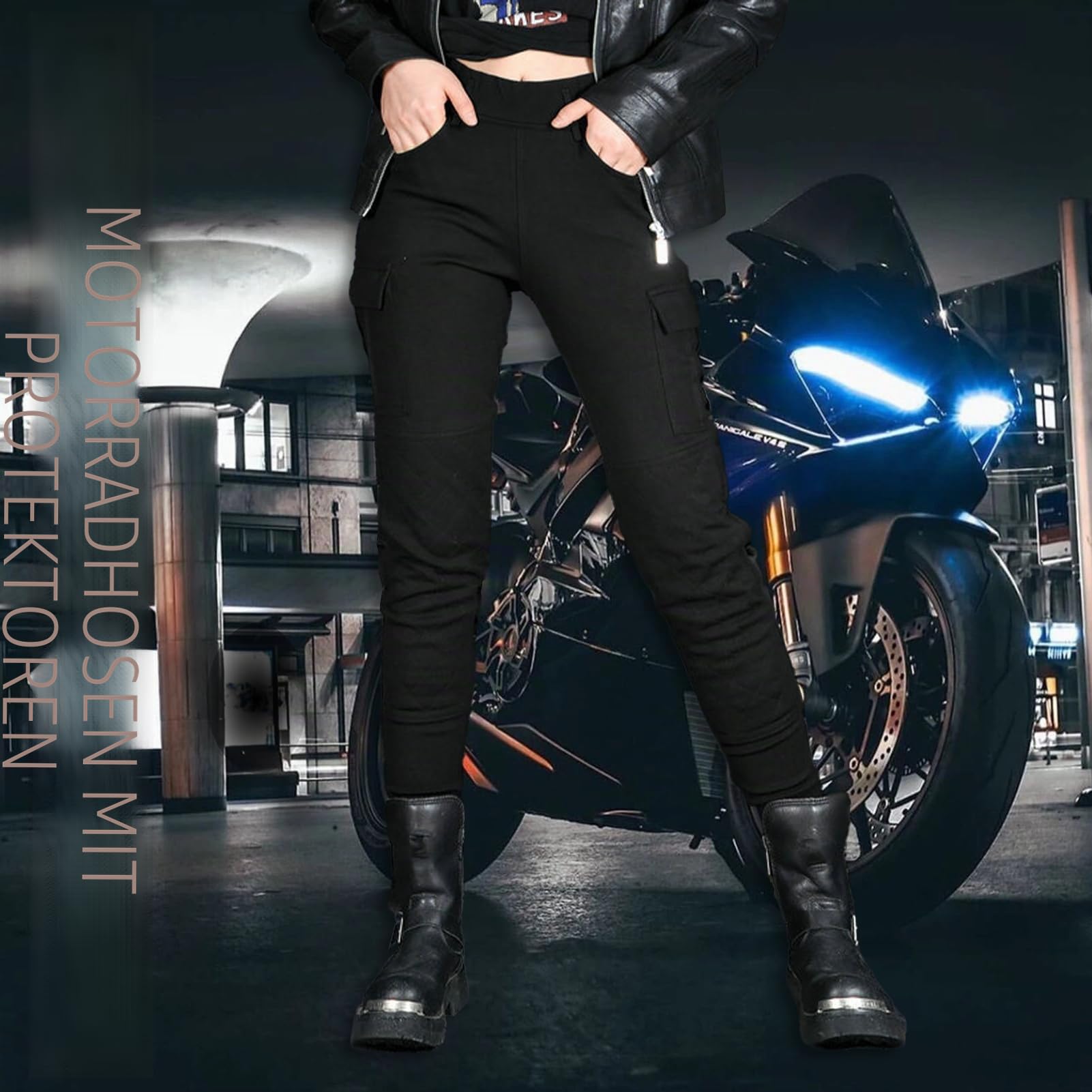 Motorradleggins Damen -Motorrad Stretch Leggings Hose Frauen mit Protektoren Motorradhose (Black-A,M)