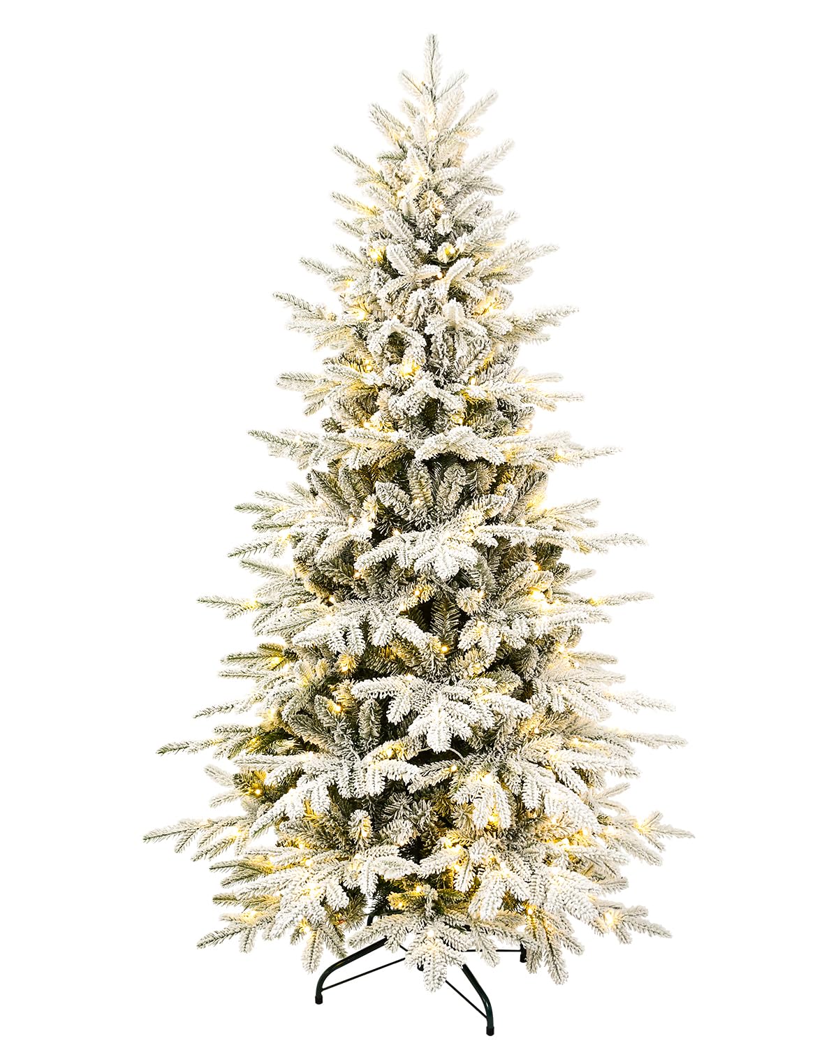 6ft Flocked Christmas Tree Prelit, Slim Artificial Christmas Tree with 300 Warm White & Multicolor Twinkle Lights,1582 PE & PVC Mixed Branch Tips for Home Office Store, Holiday Decoration