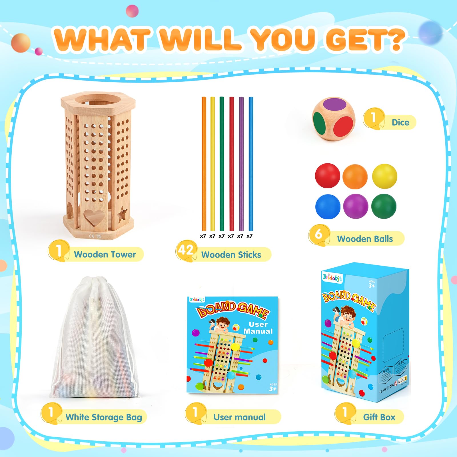 Montessori Toys Wooden Board Games Kids with 42 Colorful Wooden Sticks and Dice, Math Educational Toy Gifts for 3 4 5 6 Year Olds, Family Outdoor Travel Games Toy for Kids — view 6
