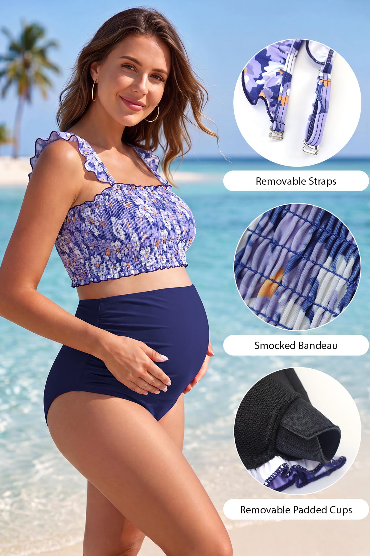 SHEKINI Bikini smokt para Embarazadas Bandeau Cintura Alta Maternidad Floral Lindo Volantes Traje de Baño de Dos Piezas Traje de Baño de Embarazo
