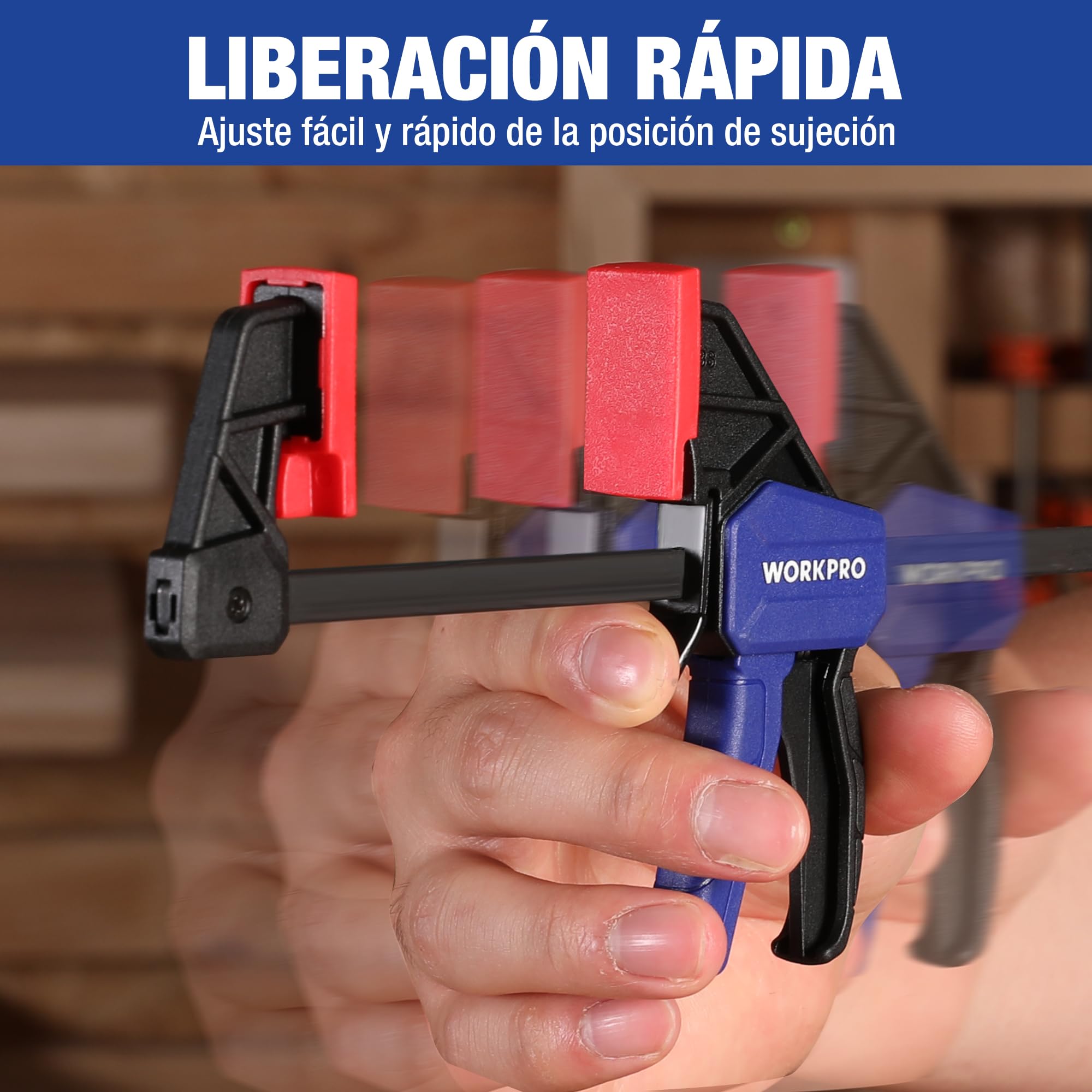 WORKPRO - Juego de 6 abrazaderas de una mano, 150 mm, fuerza de sujeción, 22,5 kg/68 kg, envergadura 150 mm, 4 convencionales y 2 mini bridas para una fijación precisa y carpintería | Incluye 4 Sargentos Estándar y 2 Mini con Fuerza de Sujeción de 22,5kg