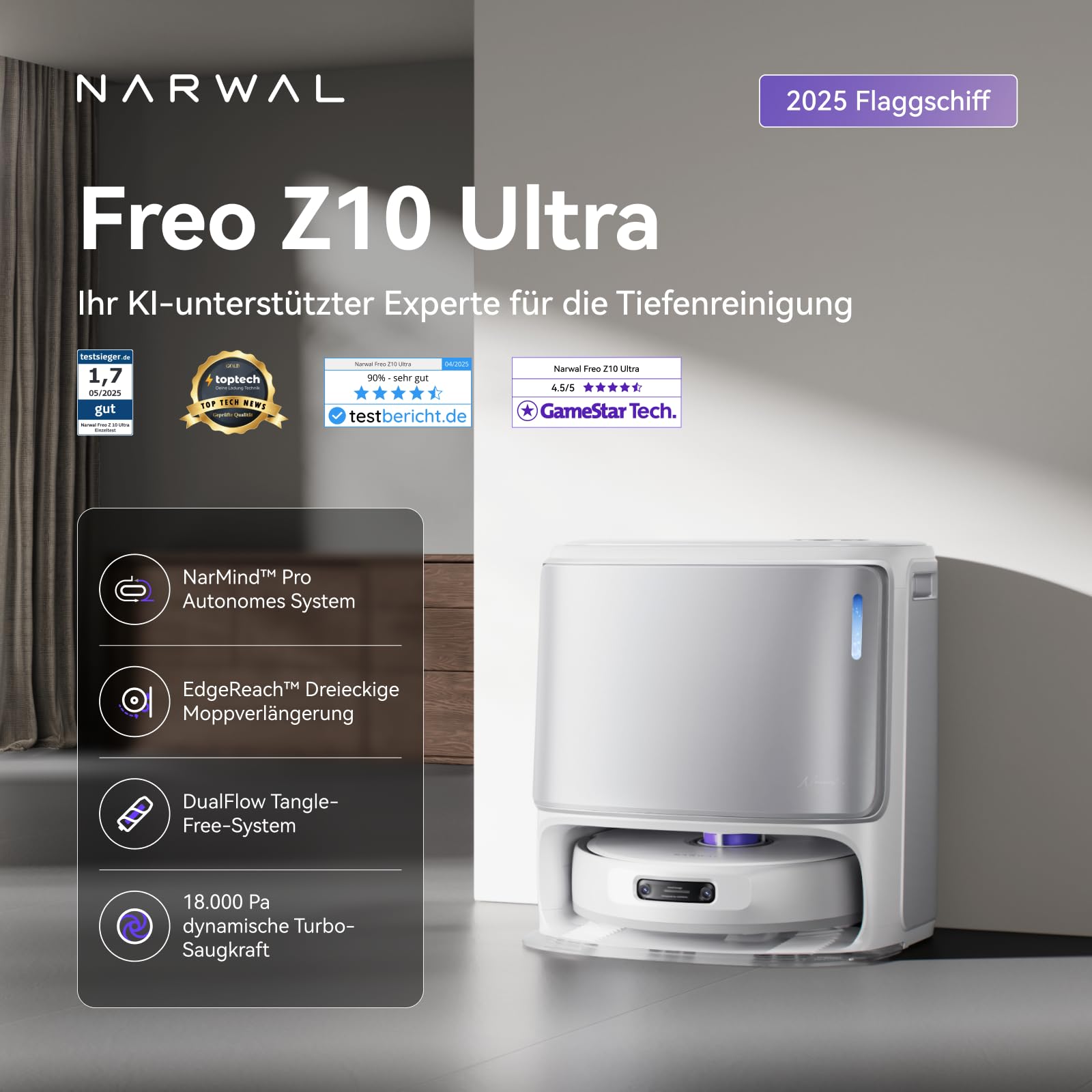 NARWAL Freo Z10 Ultra Saugroboter mit Wischfunktion, 18.000 Pa Saugleistung, Dynamische Moppausdehnung, Tangle-Free System, Intelligente Nass-Trocken-Reinigung, All-in-One-Basisstation
