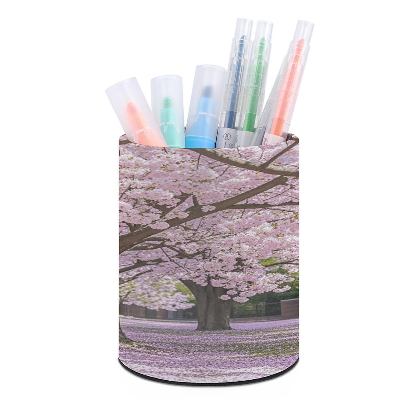 FekiLoot Round Cherry Blossom Pen Holder for Desk PU Leather Waterproof Pencil Cup Stand Minimalist Makeup Brush Storage Organizer Desktop Stationery Container Accessorires
