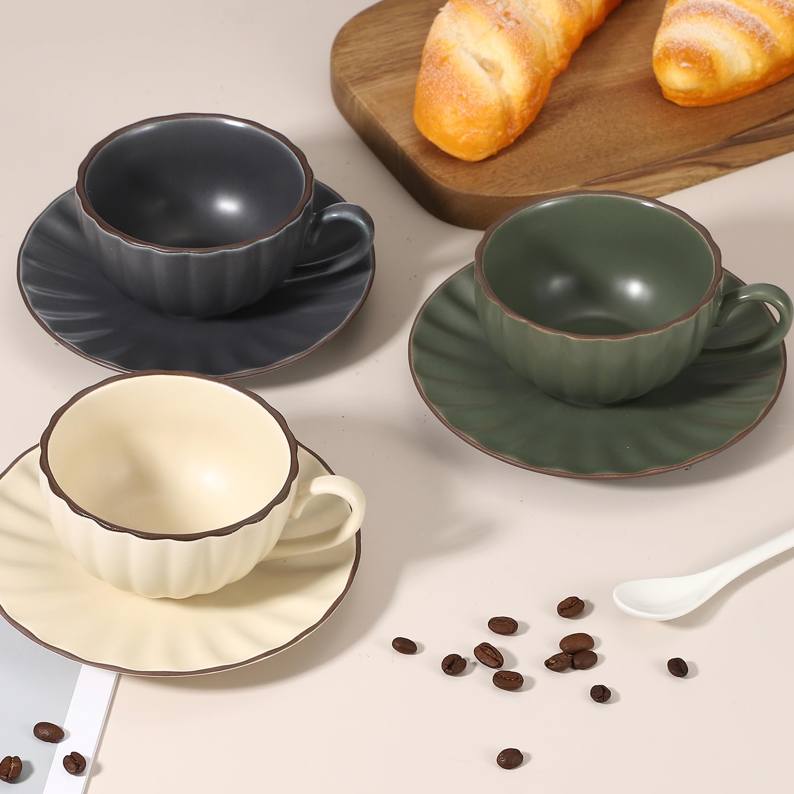 QUARKZMAN Tazas De Espresso Vintage Hechas A Mano Taza De Té Cerámica Beige | Tazas De Café Y Platillos De 8 Oz, Con Asa, Seguras Para Lavavajillas Y Microondas, Para Latte, Hogar, Regalos