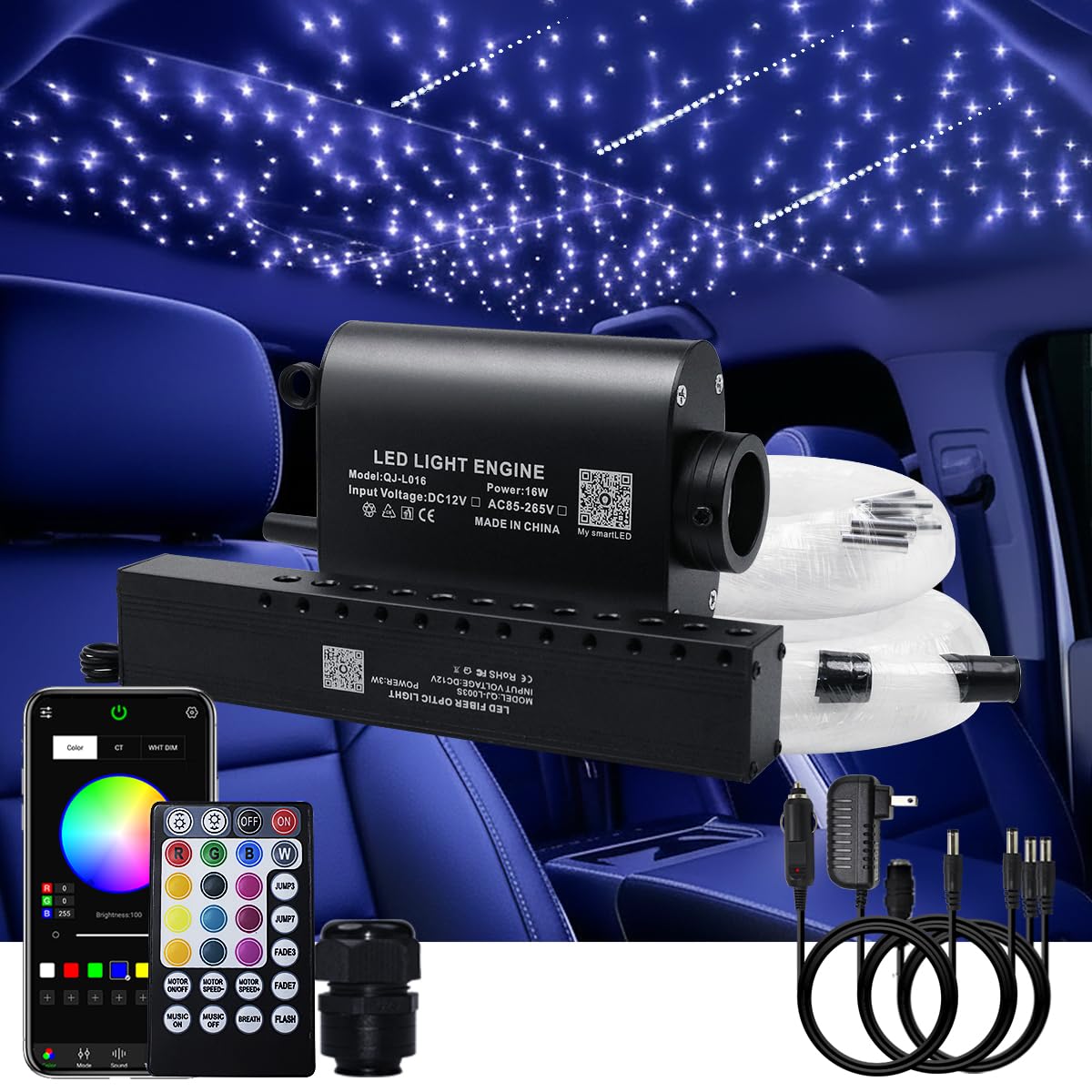 AKEPO Shooting Star Starlights Headliner Kit, 430pcs Mixed Dia. Optical Fiber Strands 9.8ft/3m with Shooting Star Effect 16W APP/Remote Control Music Activated Effect Fiber Optic Lights Meteor + 430pcs of (0.03in+0.04in+0.06in)*9.8ft