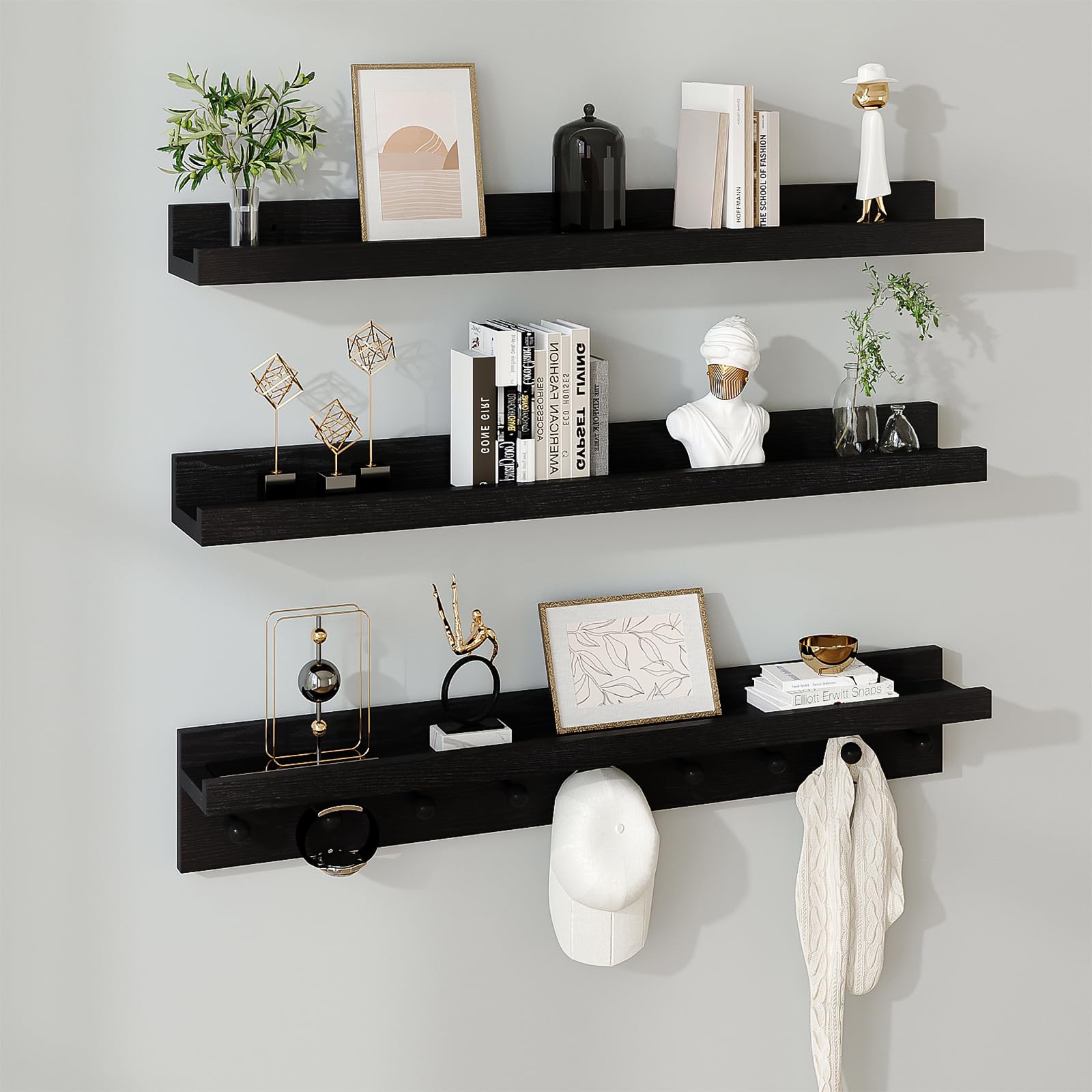 MBYD Solid Wood Black Floating Shelves for Entryway, 36 Inch Wall Shelf with Hooks & Wooden Pegs, Modern Versatile Picture Ledge to Organize Living
