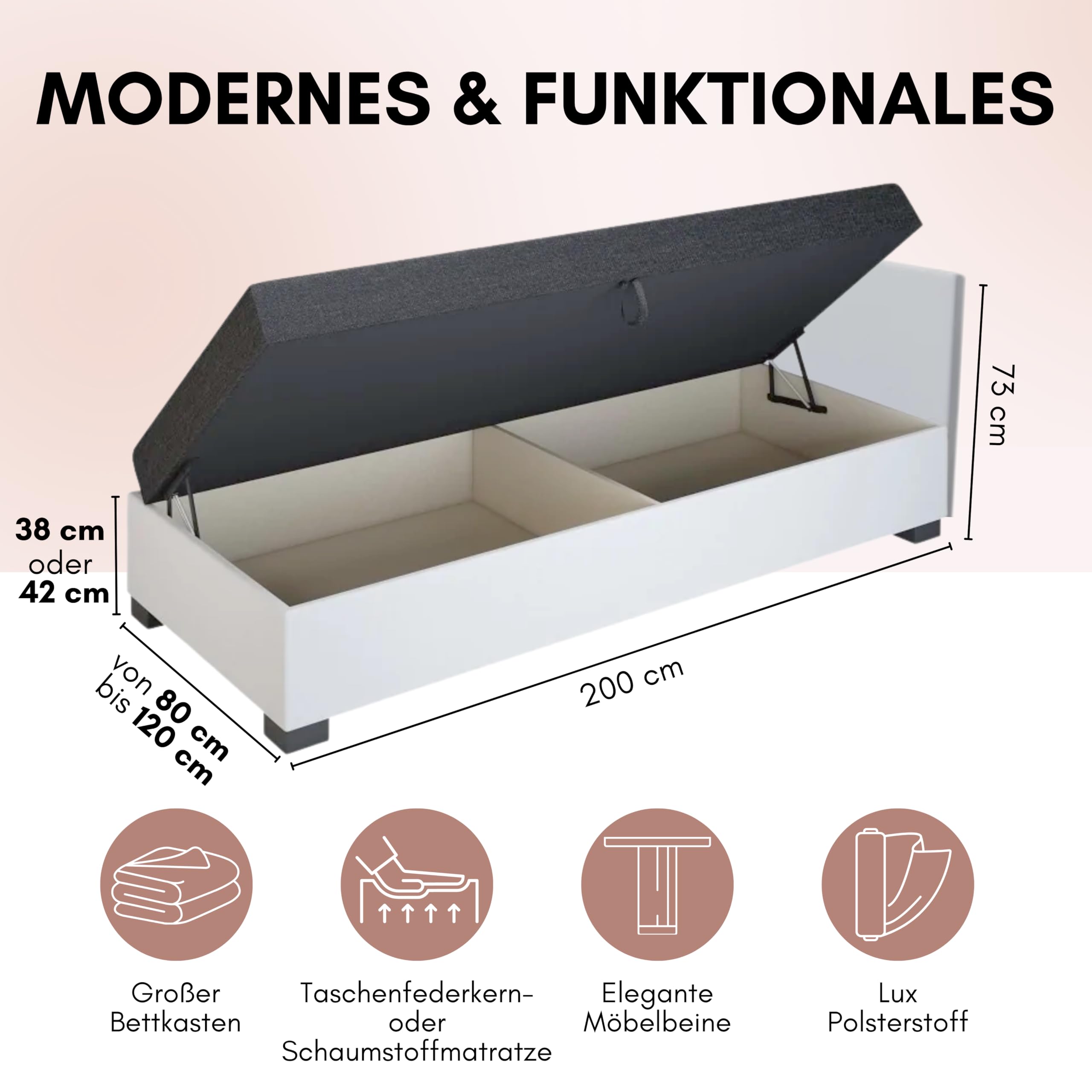 Boxspringbett Ilia 80x200x38 cm mit Schaumstoff Matratze, Bett mit Matratze, Polsterbett mit Bettkasten, Gepolstertes Einzel Bett, Schlafsofa - Beige Graphit