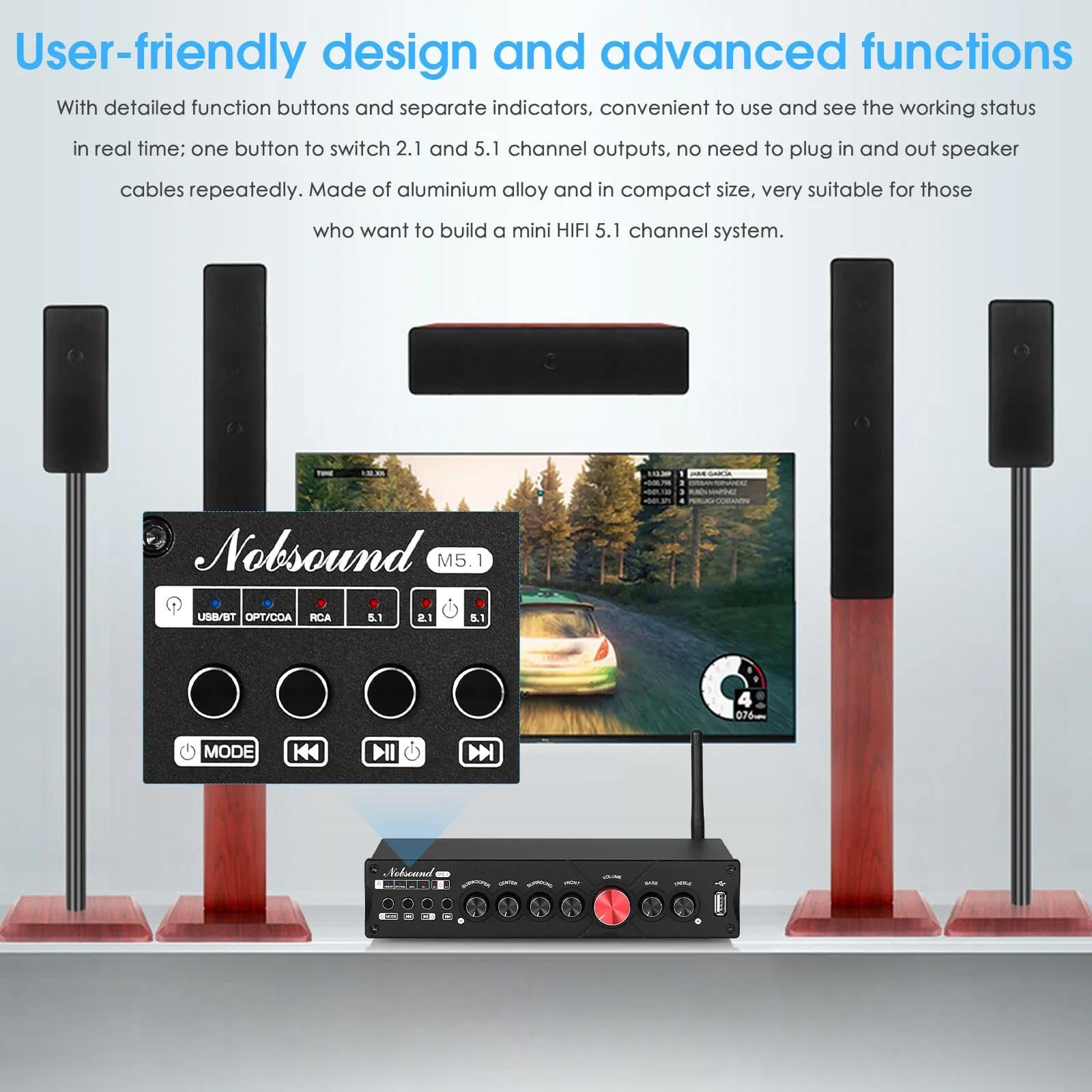 Nobsound HiFi 5.1 canali Bluetooth amplificatore stereo per home theater, power amp, subwoofer, amplificatore audio