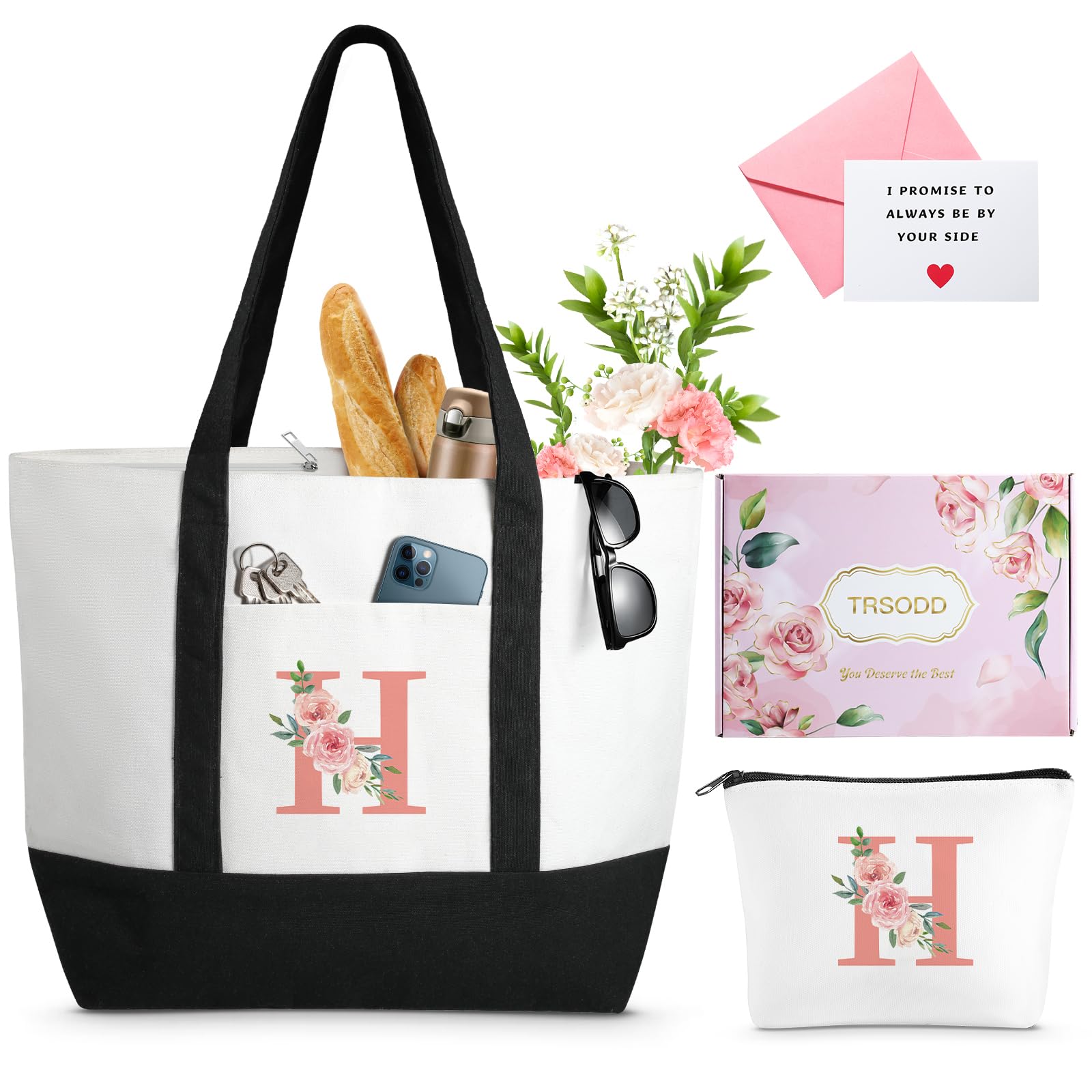 TRSODD Gifts for Women Canvas Monogram Large Tote Bag and Makeup Bag Birthday Gifts for Women Mothers Day Gifts for Mom Wife Grandma Daughter Sister
