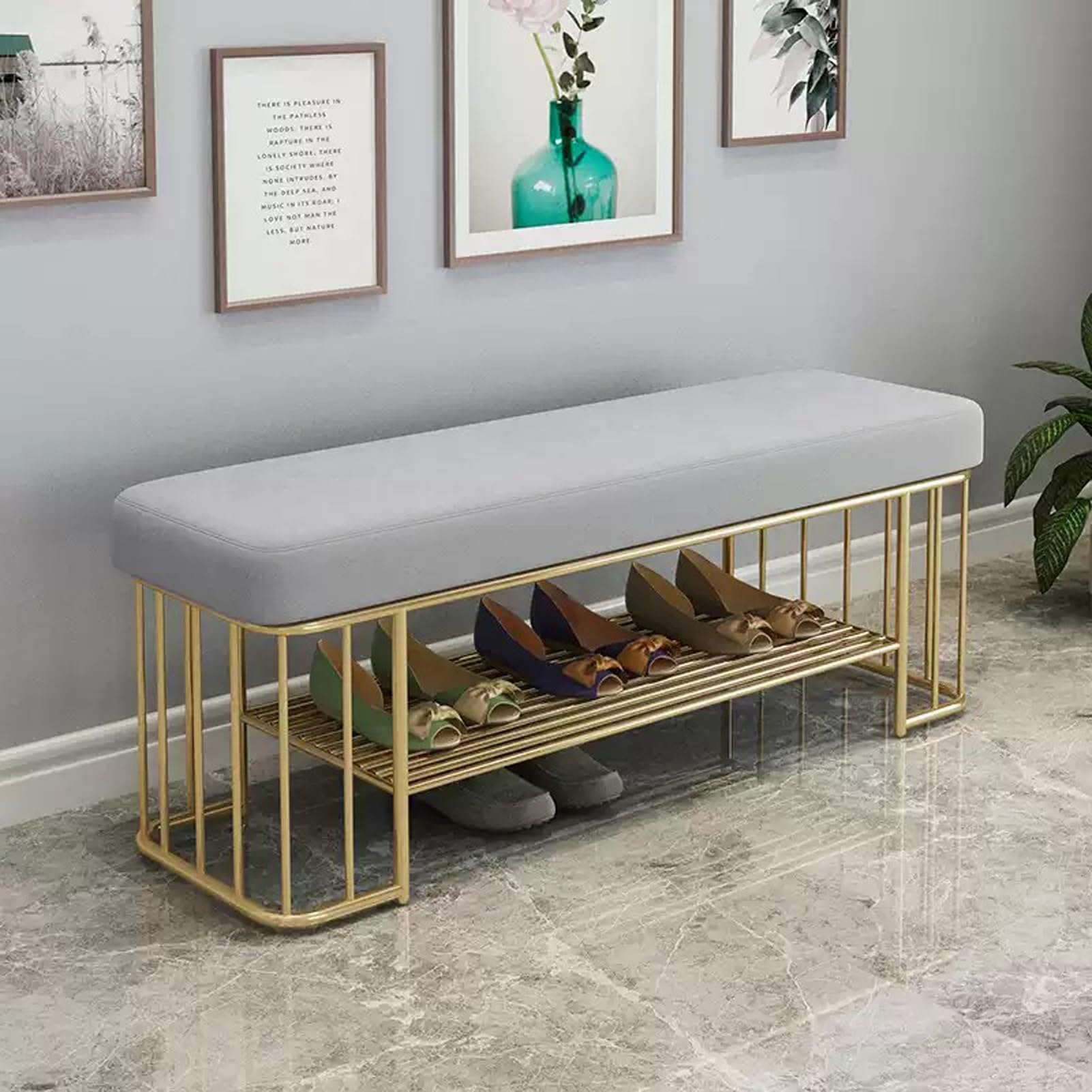Banc de sport rembourré Slish nizer velours gris 60 cm meuble de fitness avec étagère basse