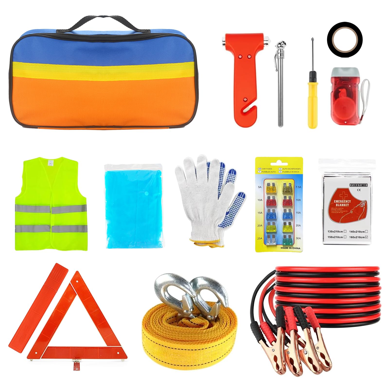 Kits d'urgence 14 en 1 pour Voiture,Contient Un Triangle De Signalisation/Un Marteau d'urgence/Un ImperméAble/Un Lampe De Poche, Etc. - Essentiels pour La SéCurité Automobile