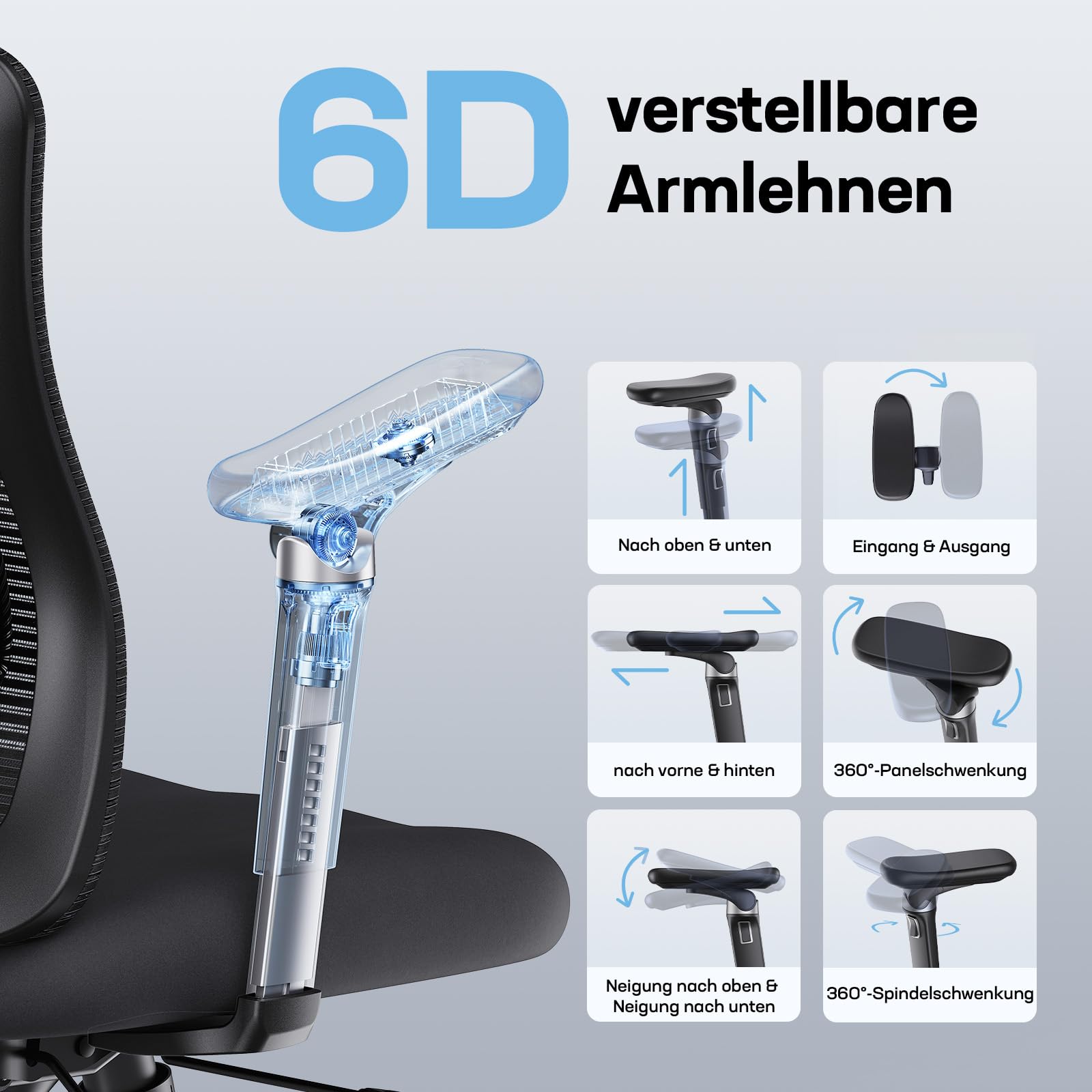 Marsail Bürostuhl mit 6D-Armlehnen, 3D-Verstellbarer Kopfstütze, Schiebesitz, Lendenwirbelstütze, 4-Position-Neigungsschloss – hoher und großer Schreibtischstuhl mit Kapazität von 150kg, Schwarz