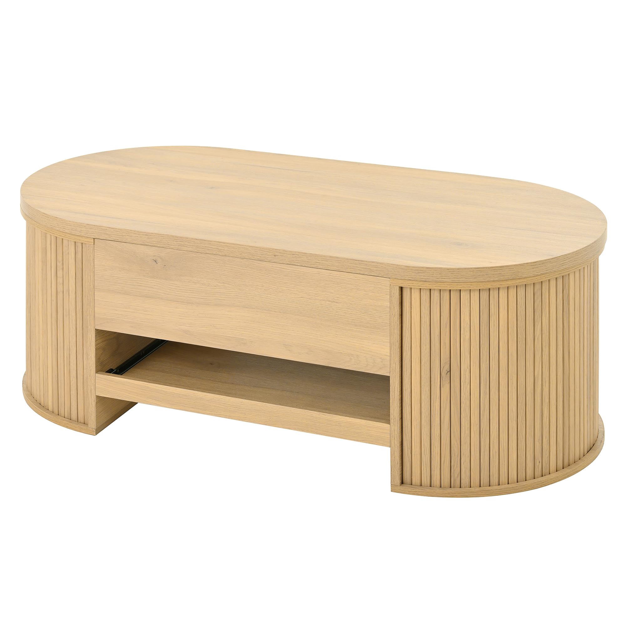SUKY - Mesa de centro elevable, mesa de salón con lados de madera curvados, estante extensible, tapa de mesa elevable, mueble multifuncional para el salón, 110 * 55,5 * 40 cm, Natural