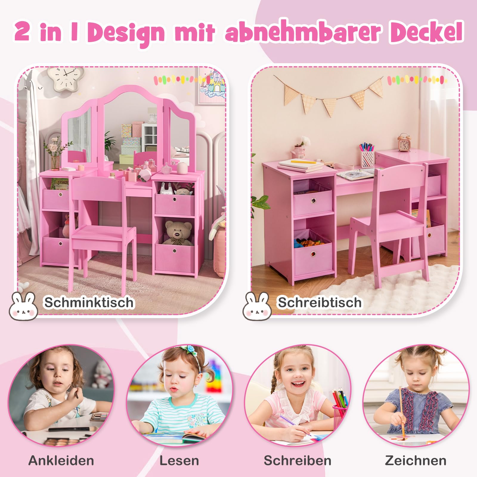 GOPLUS Kinder Schminktisch mit Stuhl, Prinzessin Frisiertisch mit mit abnehmbarem Spiegel, Kosmetiktisch Holz (Rosa mit Stuhl & Box)