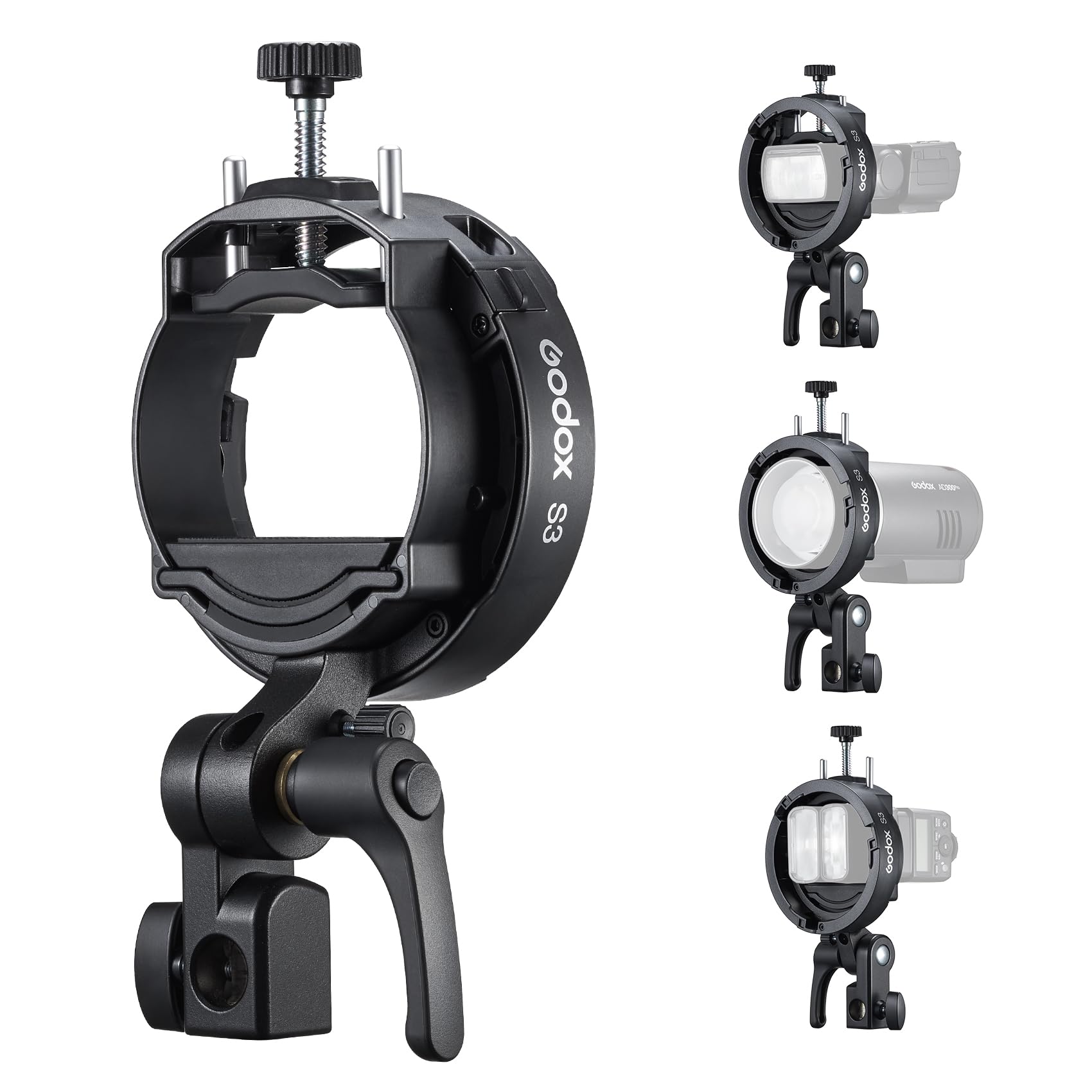 Godox S3 Supporto flash con montaggio Bowens, supporto tipo S, compatto, portatile, regolazione angolare di ±90 ° per V1 V100 V1Pro V860III TT350 AD100 AD200 AD300