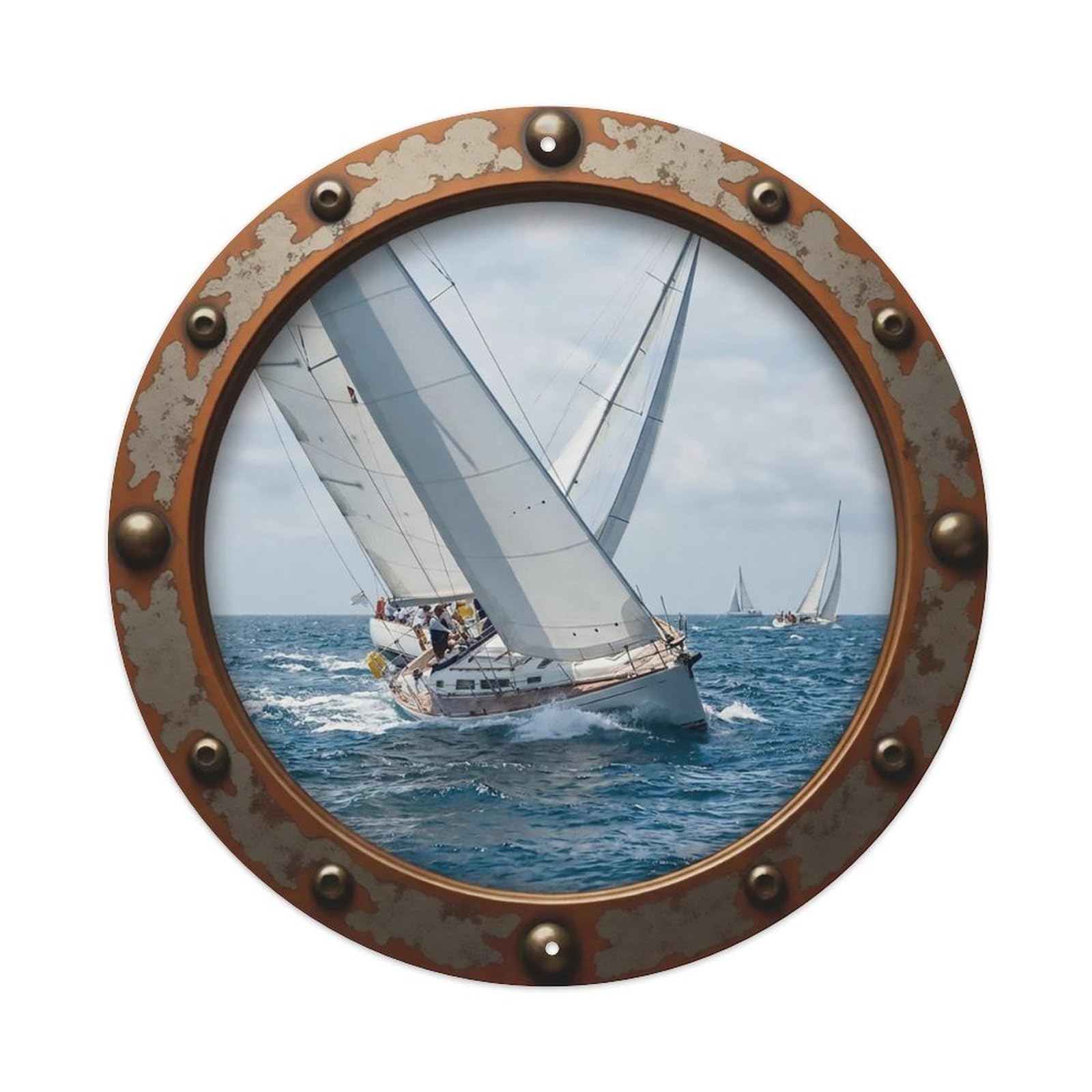 Vintage Porthole Sailboat Racing Nautical Window View Metal Tin Sign